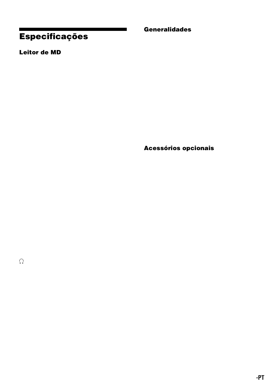 Especificações | Sony Walkman MZ-E310 User Manual | Page 177 / 364