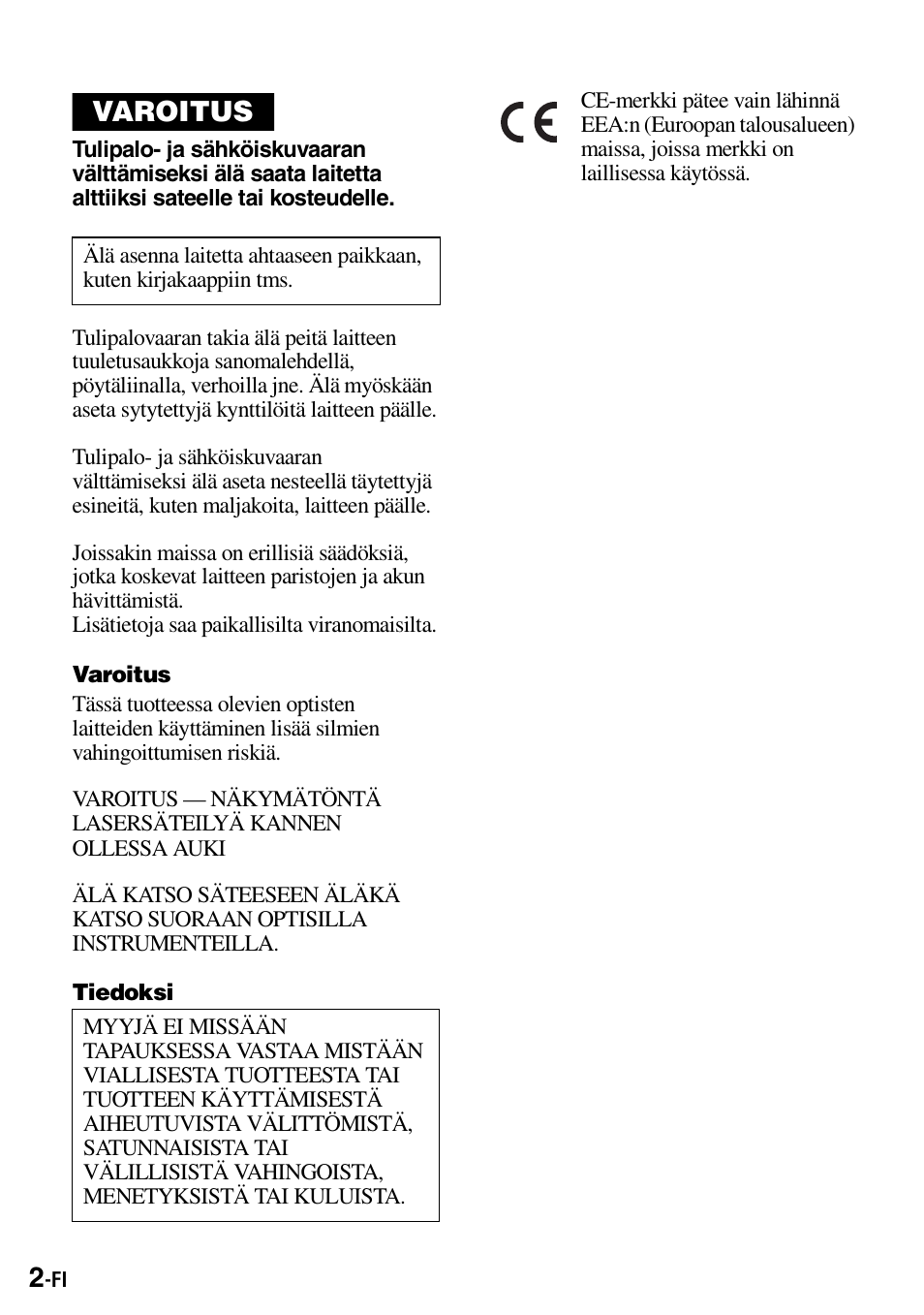 Varoitus | Sony Walkman MZ-E310 User Manual | Page 178 / 364