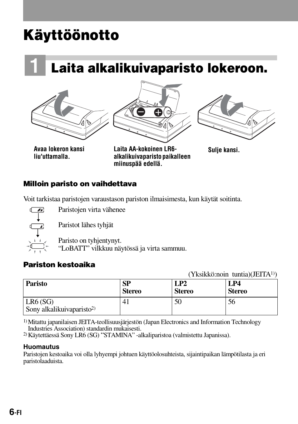 Käyttöönotto, Laita alkalikuivaparisto lokeroon | Sony Walkman MZ-E310 User Manual | Page 182 / 364