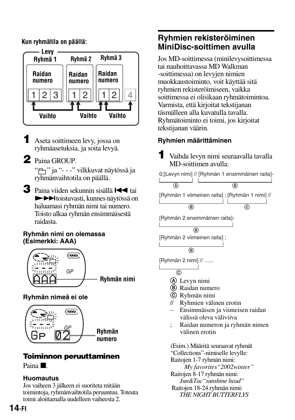 Ryhmien rekisteröiminen minidisc-soittimen avulla | Sony Walkman MZ-E310 User Manual | Page 190 / 364