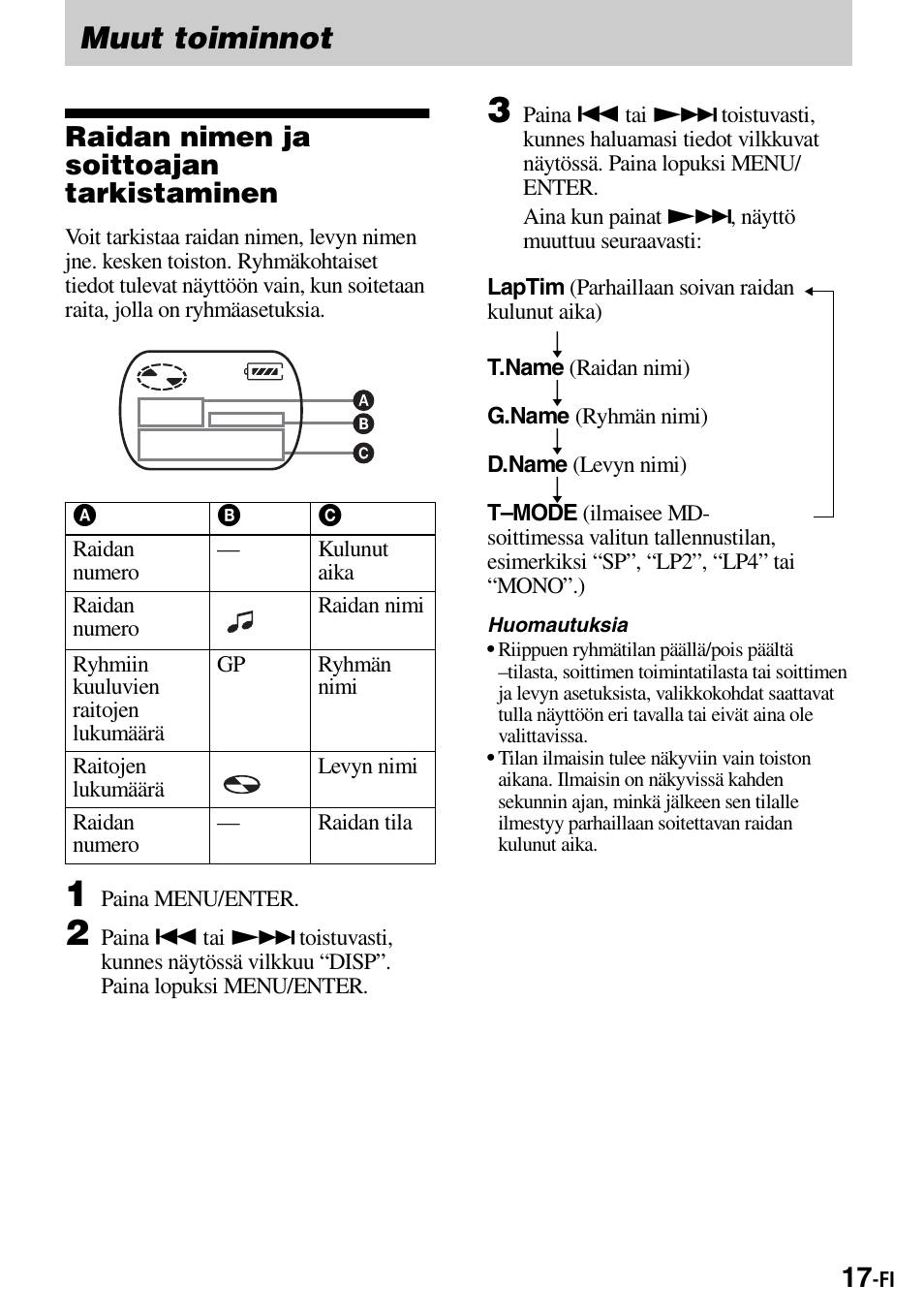 Muut toiminnot, Raidan nimen ja soittoajan tarkistaminen | Sony Walkman MZ-E310 User Manual | Page 193 / 364