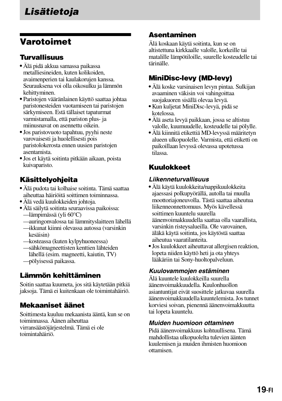 Lisätietoja, Varotoimet | Sony Walkman MZ-E310 User Manual | Page 195 / 364