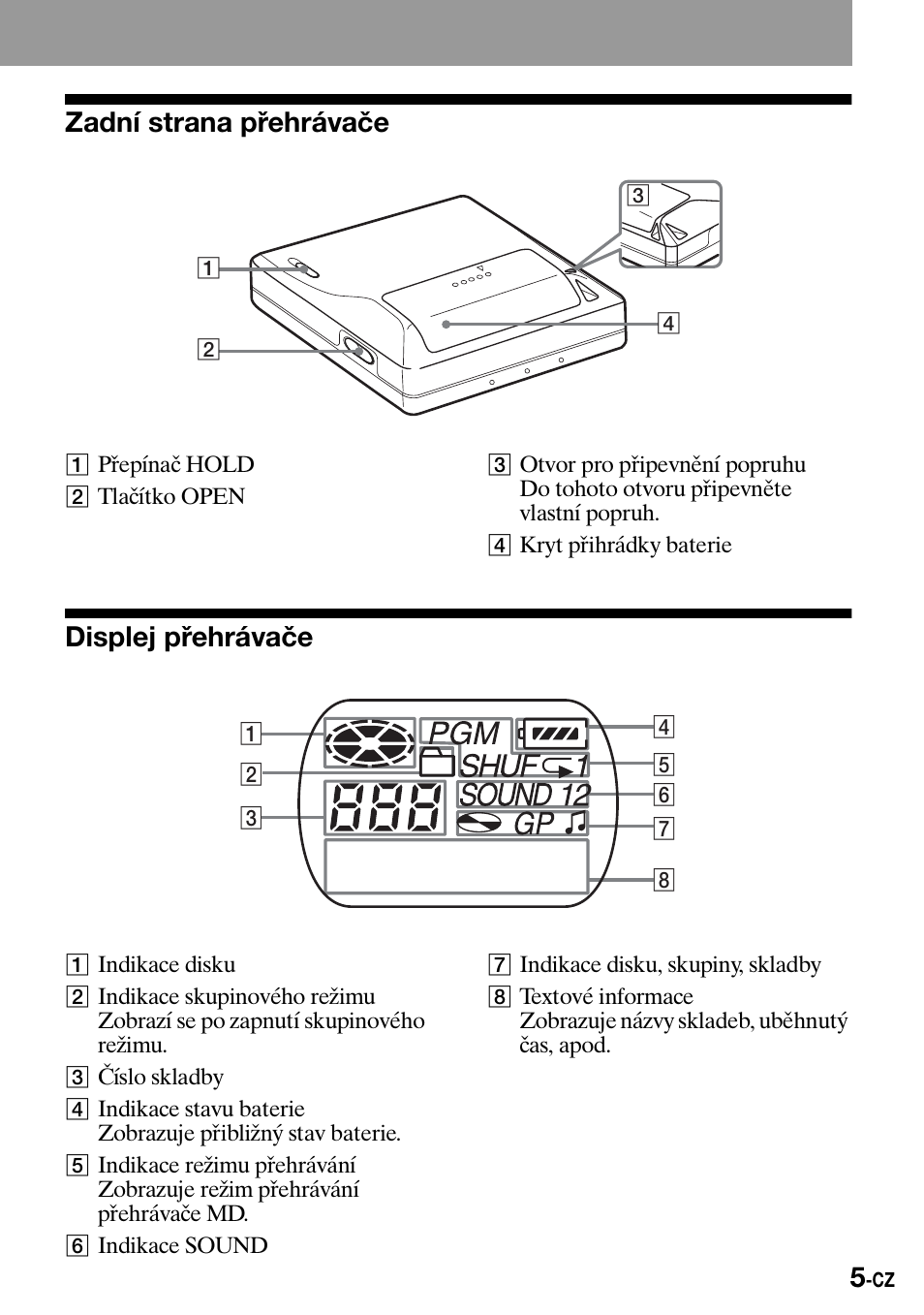 Displej pøehrávaèe, Zadní strana přehrávače, Displej přehrávače | Sony Walkman MZ-E310 User Manual | Page 203 / 364