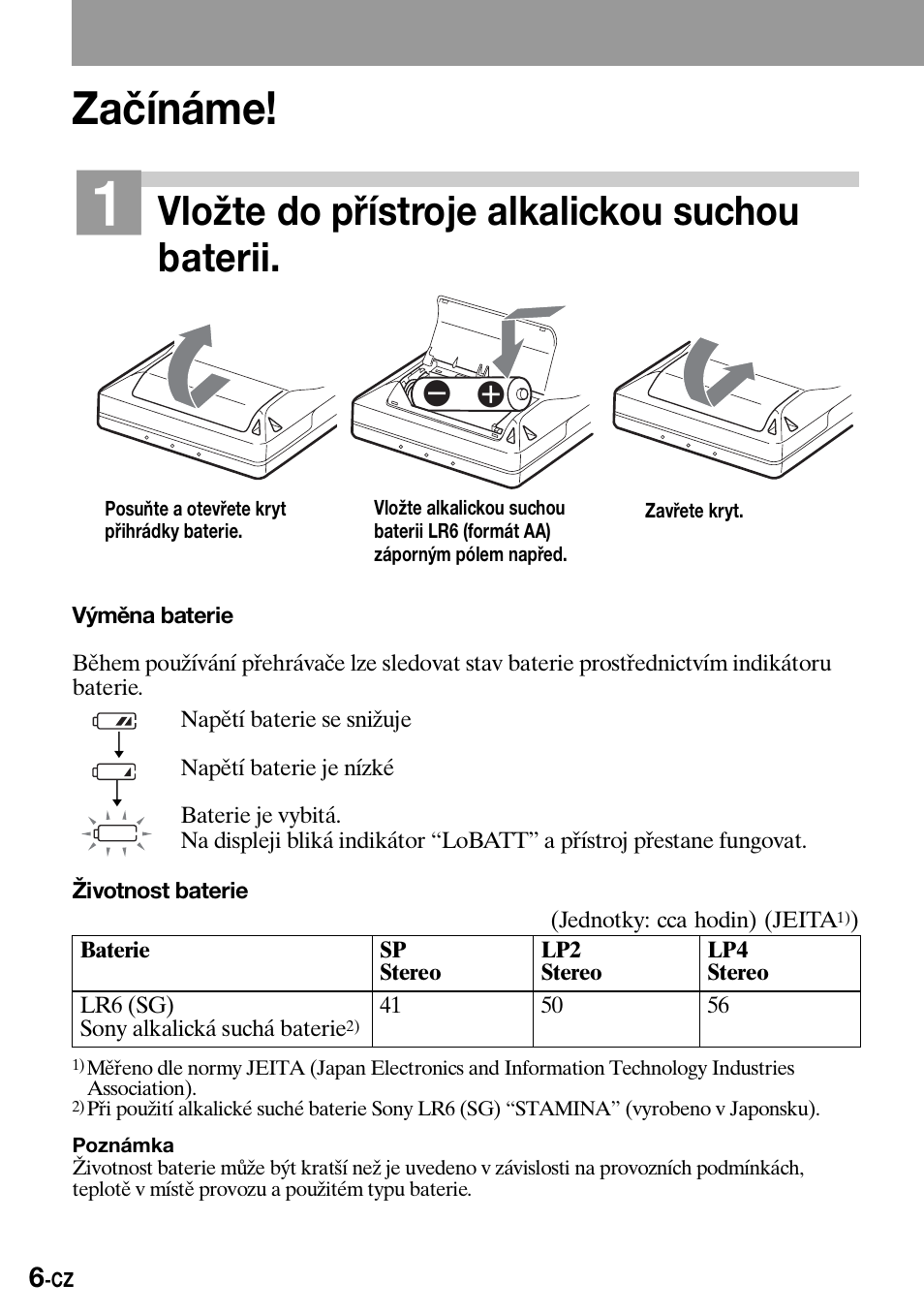 Zaèínáme, Začínáme, Vložte do přístroje alkalickou suchou baterii | Sony Walkman MZ-E310 User Manual | Page 204 / 364