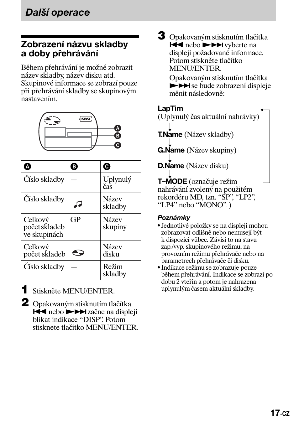 Dalðí operace, Zobrazení názvu skladby adoby pøehrávání, Další operace | Zobrazení názvu skladby a doby přehrávání | Sony Walkman MZ-E310 User Manual | Page 215 / 364
