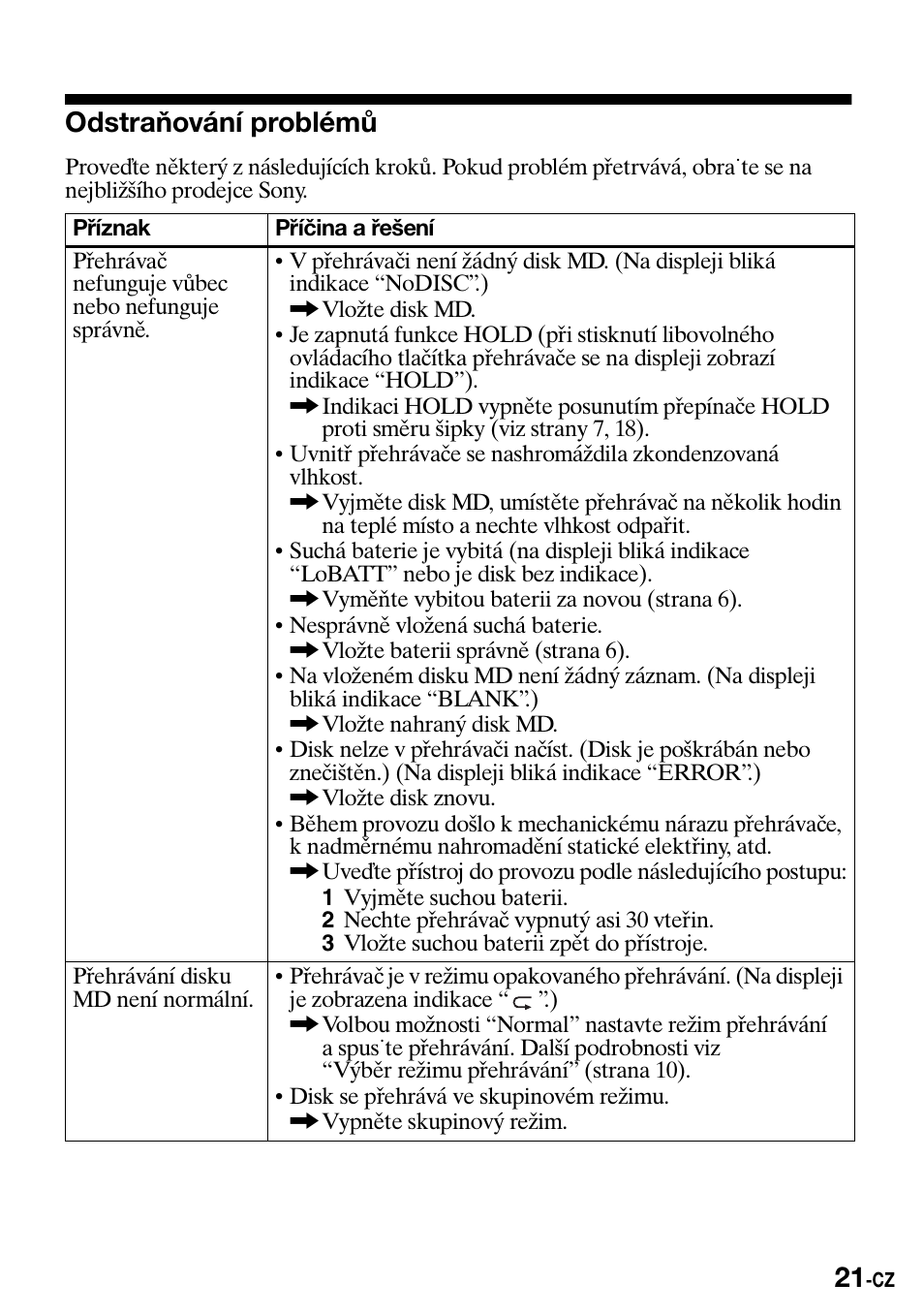 Odstraòování problémù, Odstraňování problémů | Sony Walkman MZ-E310 User Manual | Page 219 / 364