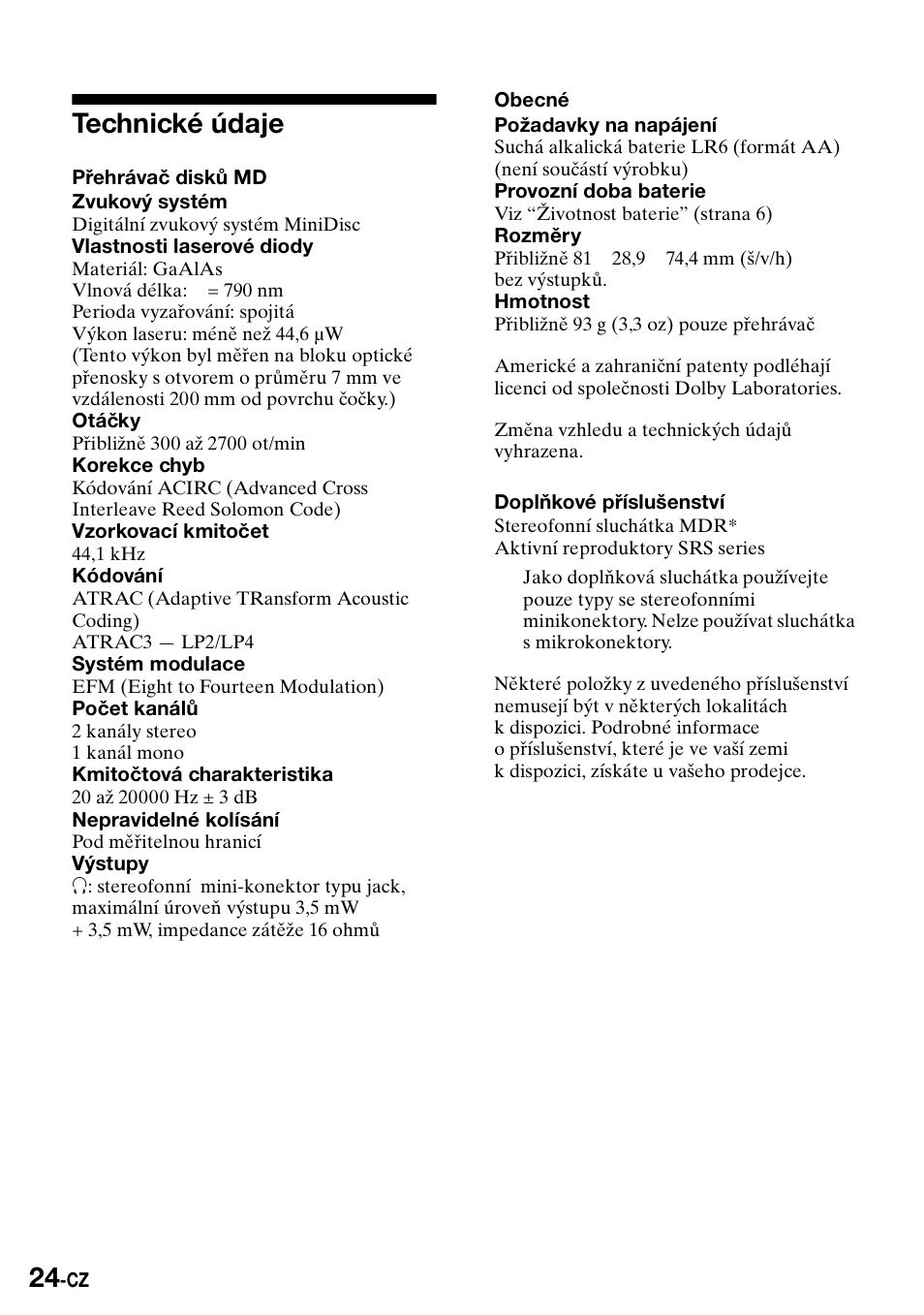 Technické údaje | Sony Walkman MZ-E310 User Manual | Page 222 / 364