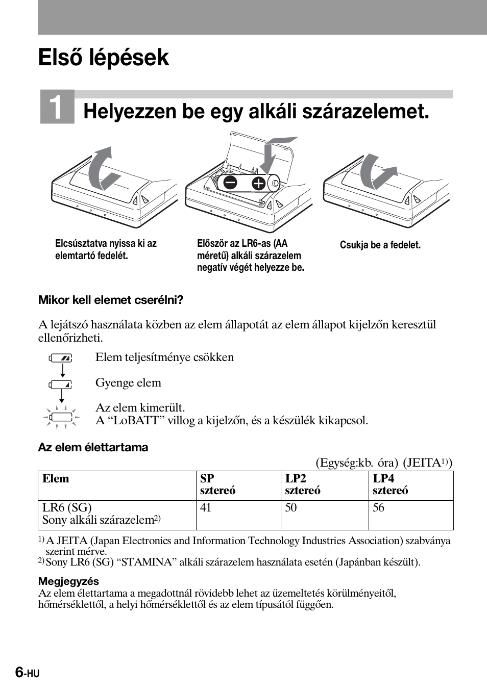 Elsõ lépések, Első lépések, Helyezzen be egy alkáli szárazelemet | Sony Walkman MZ-E310 User Manual | Page 228 / 364