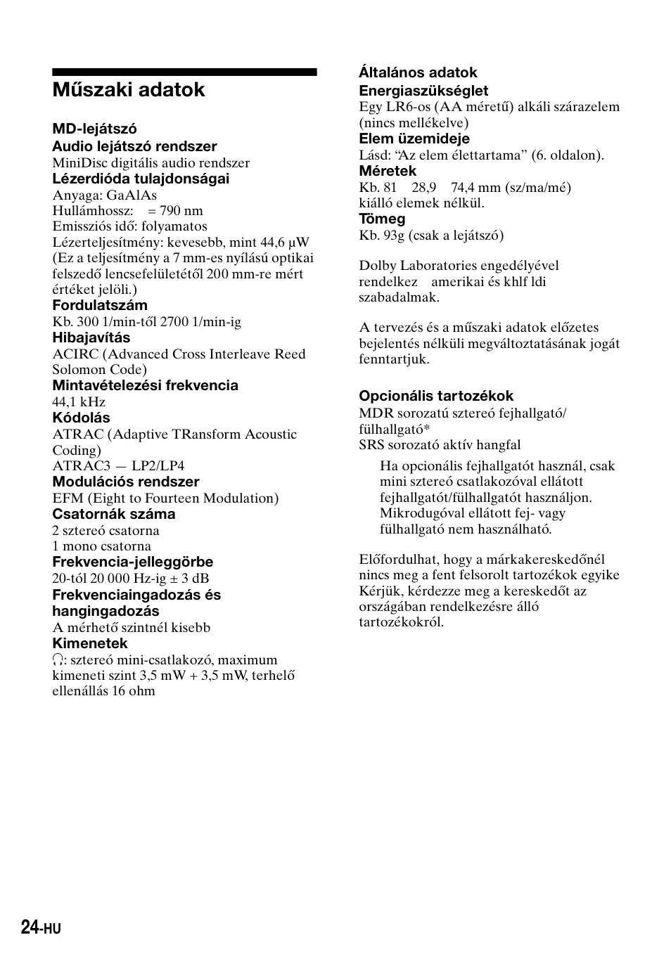 Mûszaki adatok, Műszaki adatok | Sony Walkman MZ-E310 User Manual | Page 246 / 364