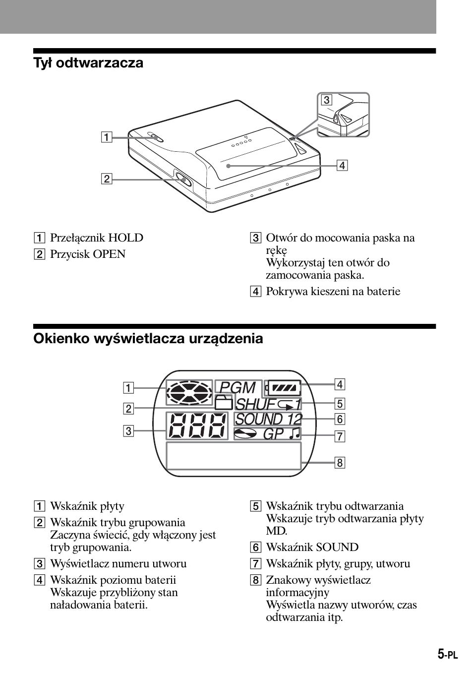 Ty¸ odtwarzacza, Okienko wyœwietlacza urz¶dzenia, Tył odtwarzacza | Okienko wyświetlacza urządzenia | Sony Walkman MZ-E310 User Manual | Page 251 / 364