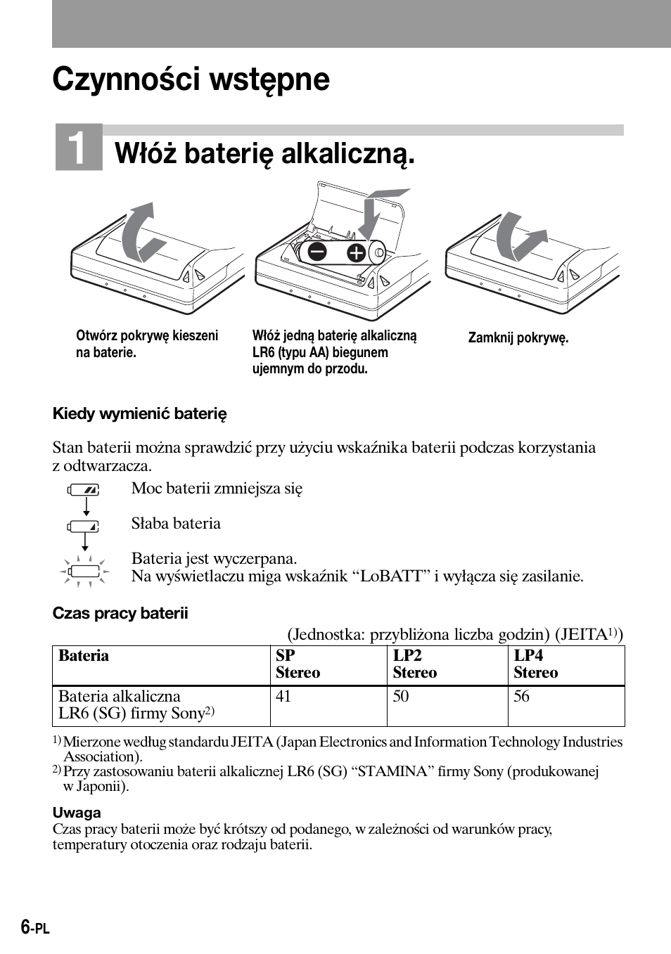 Czynnoœci wstêpne, Czynności wstępne, Włóż baterię alkaliczną | Sony Walkman MZ-E310 User Manual | Page 252 / 364