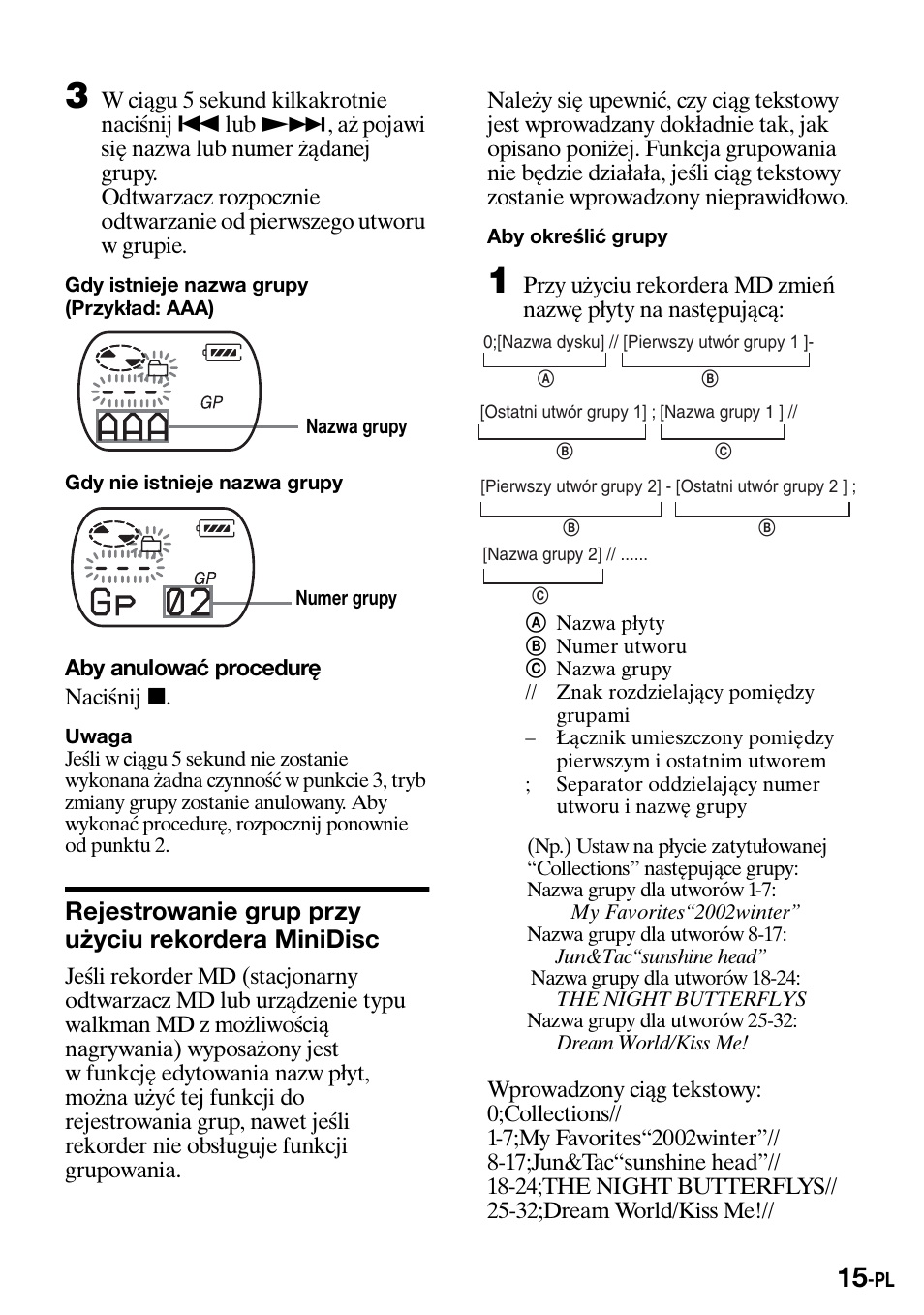 Rejestrowanie grup przy u¿yciu rekordera minidisc, Rejestrowanie grup przy użyciu rekordera minidisc | Sony Walkman MZ-E310 User Manual | Page 261 / 364