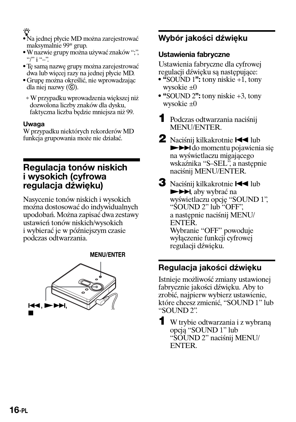 Wybór jakoœci dÿwiêku, Regulacja jakoœci dÿwiêku, Wybór jakości dźwięku regulacja jakości dźwięku | Sony Walkman MZ-E310 User Manual | Page 262 / 364
