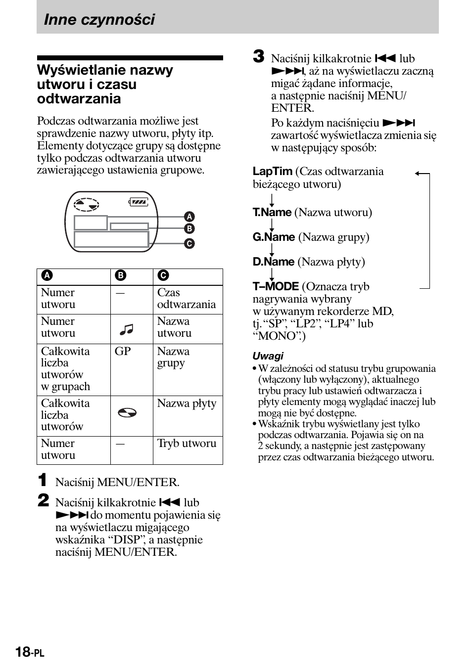 Inne czynnoœci, Wyœwietlanie nazwy utworu i czasu odtwarzania, Inne czynności | Wyświetlanie nazwy utworu i czasu odtwarzania | Sony Walkman MZ-E310 User Manual | Page 264 / 364