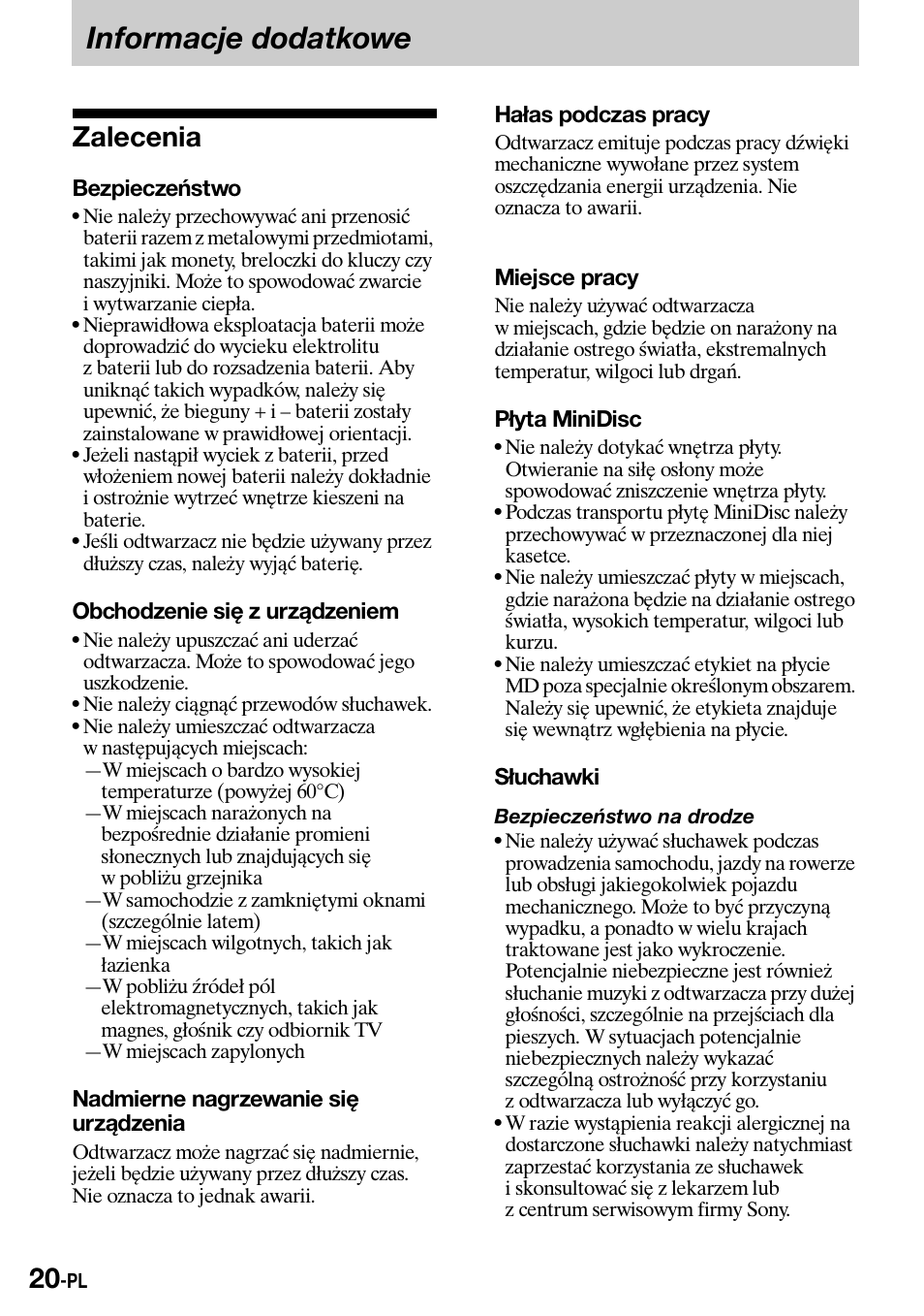 Informacje dodatkowe, Zalecenia | Sony Walkman MZ-E310 User Manual | Page 266 / 364