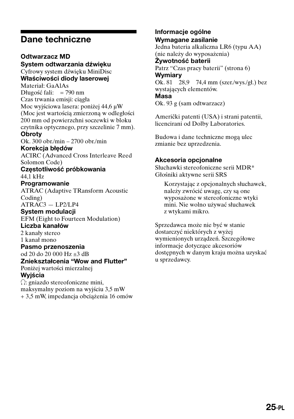 Dane techniczne | Sony Walkman MZ-E310 User Manual | Page 271 / 364