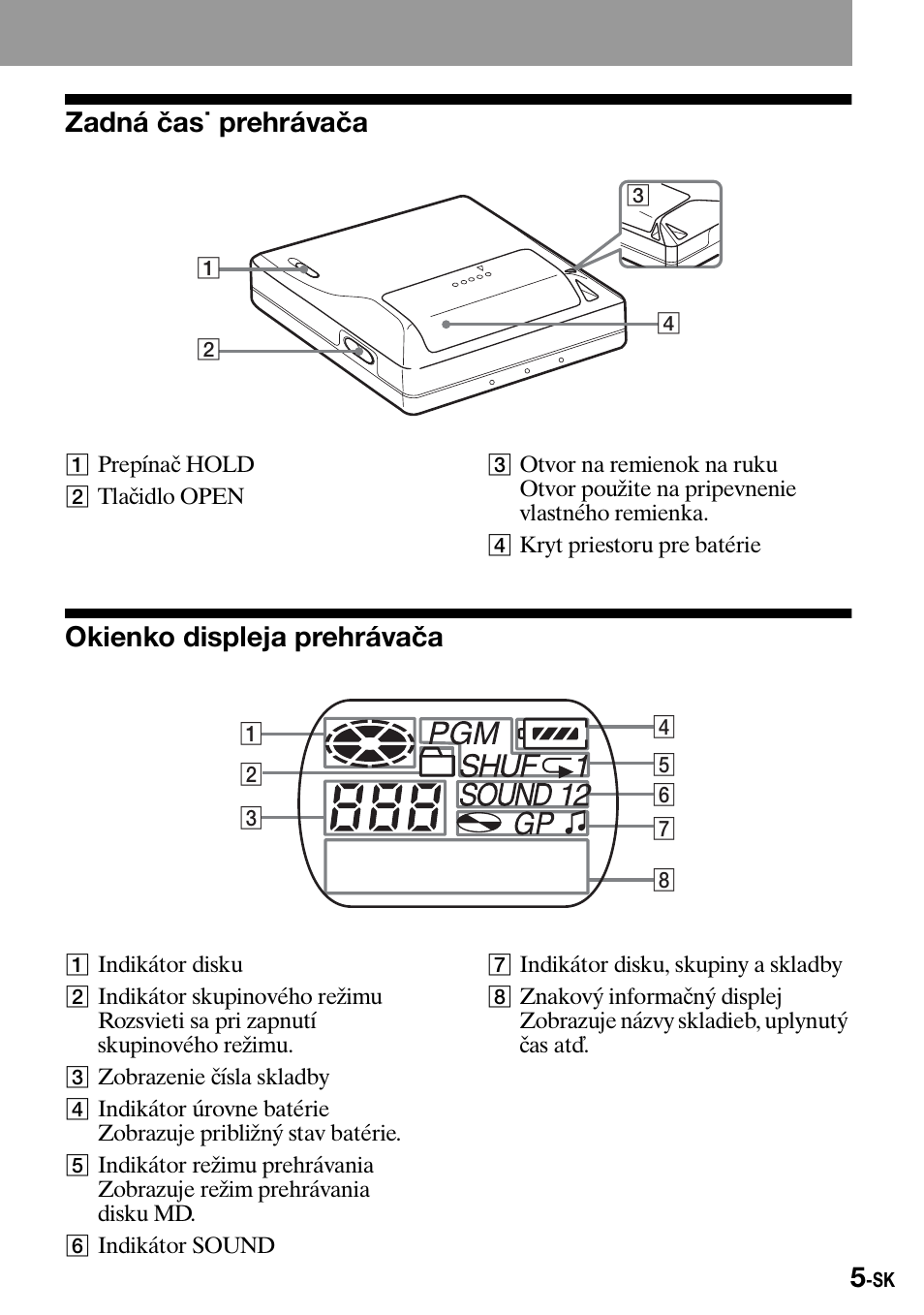 Zadná èasˇ prehrávaèa, Okienko displeja prehrávaèa, Zadná čas˙ prehrávača | Okienko displeja prehrávača | Sony Walkman MZ-E310 User Manual | Page 275 / 364