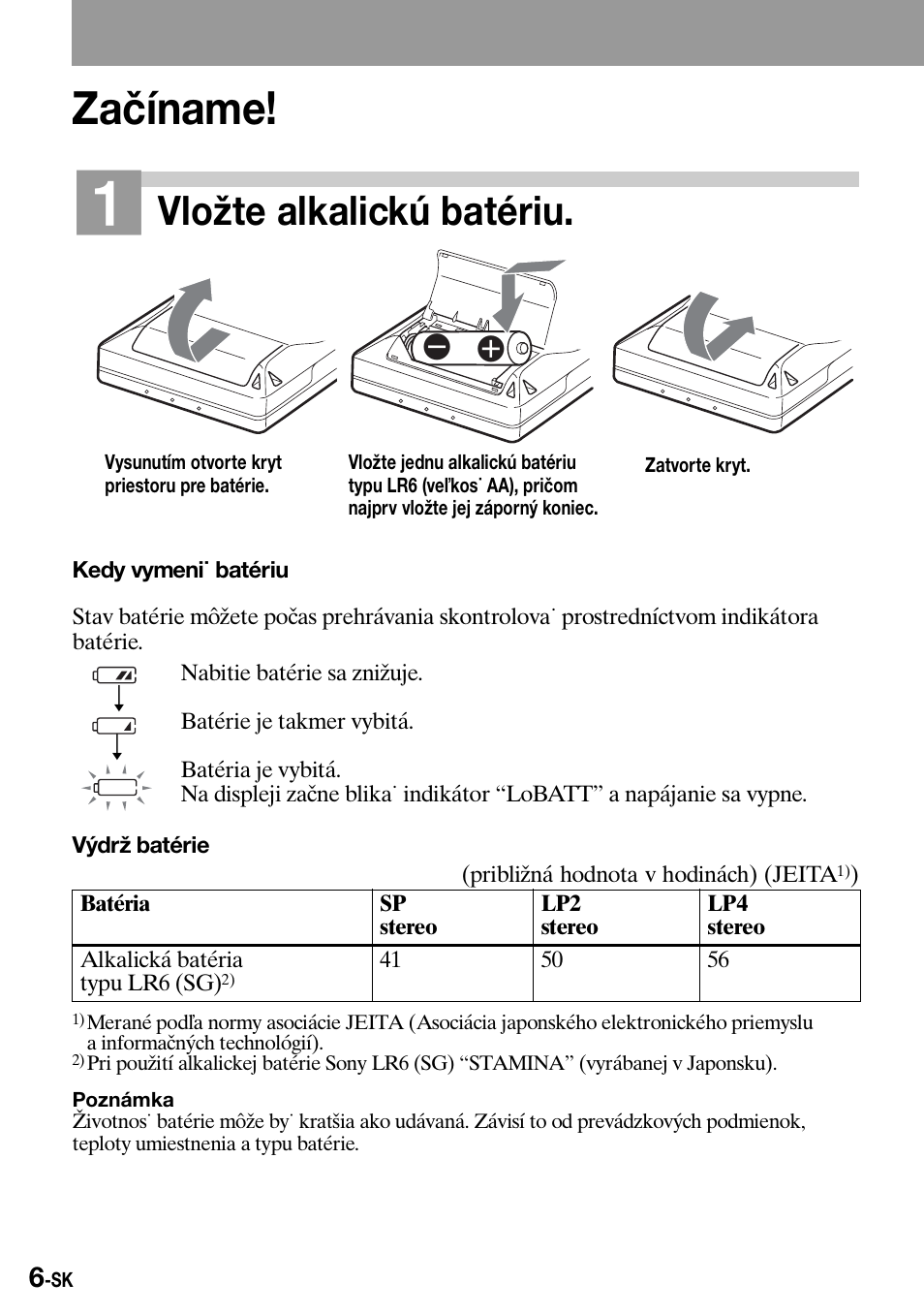 Zaèíname, Začíname, Vložte alkalickú batériu | Sony Walkman MZ-E310 User Manual | Page 276 / 364