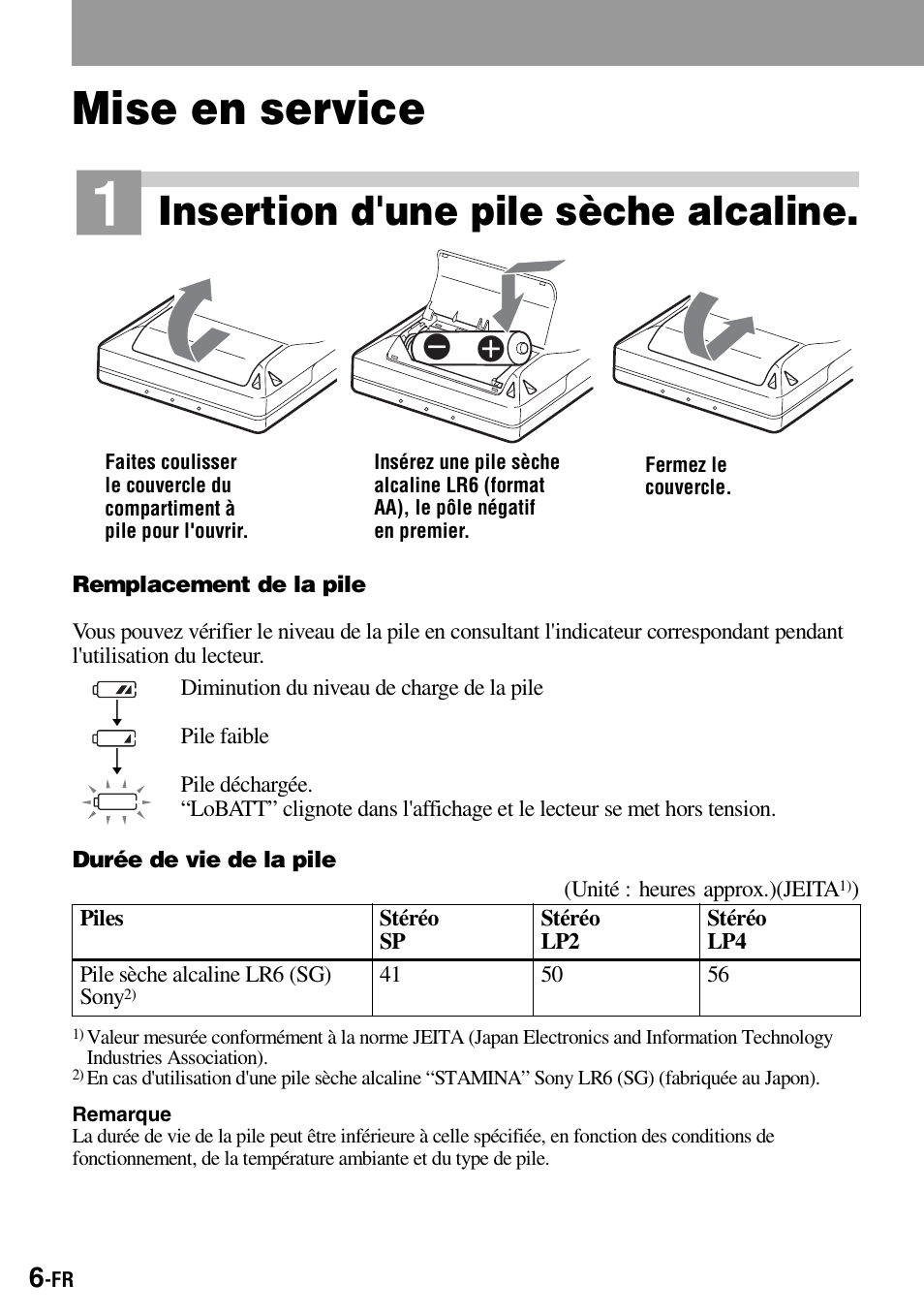 Mise en service, Getting started, Insertion d'une pile sèche alcaline | Sony Walkman MZ-E310 User Manual | Page 28 / 364