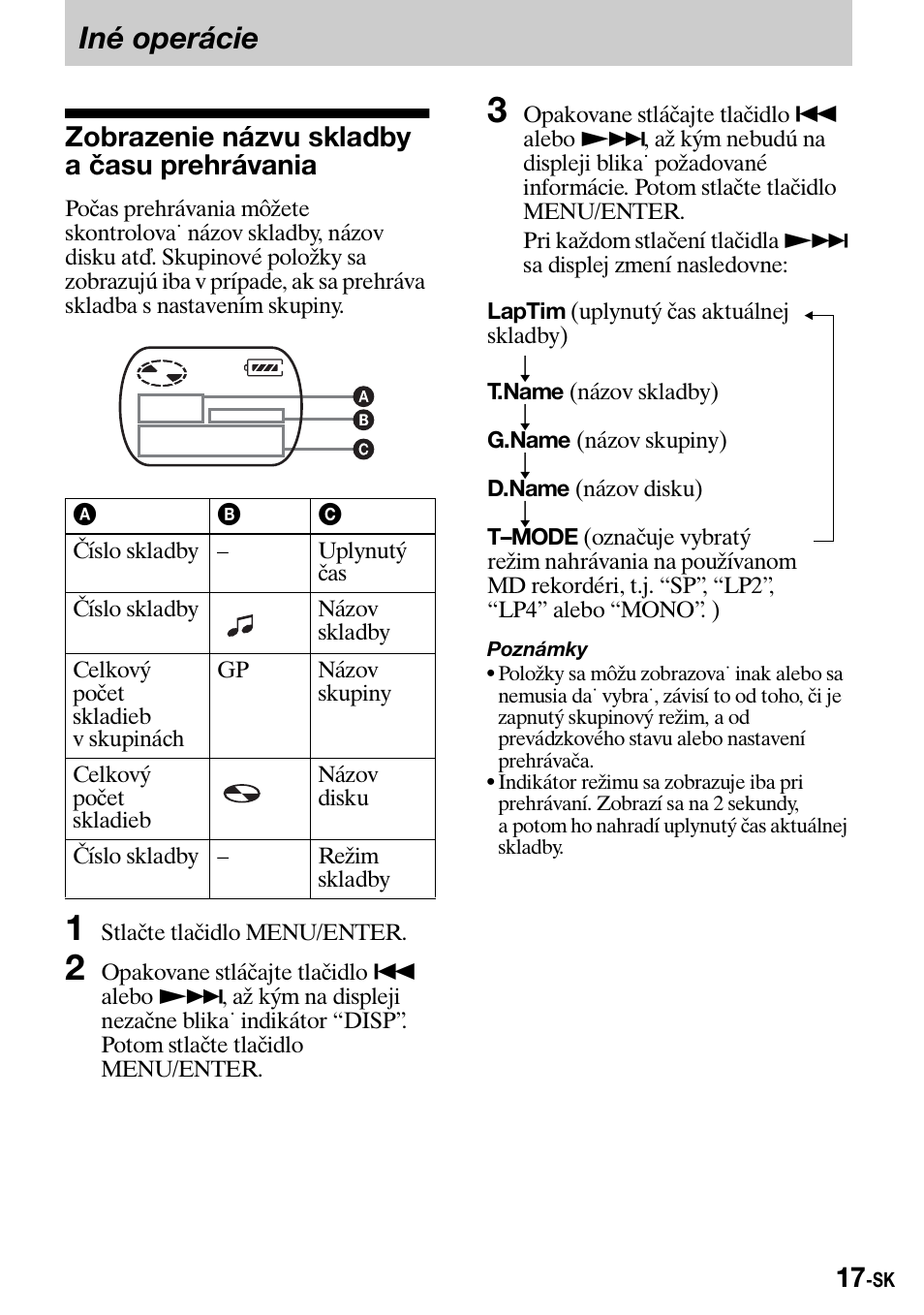 Iné operácie, Zobrazenie názvu skladby aèasu prehrávania, Zobrazenie názvu skladby a času prehrávania | Sony Walkman MZ-E310 User Manual | Page 287 / 364
