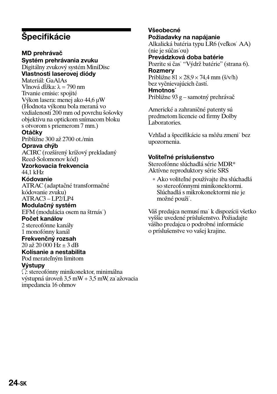 Pecifikácie, Špecifikácie | Sony Walkman MZ-E310 User Manual | Page 294 / 364