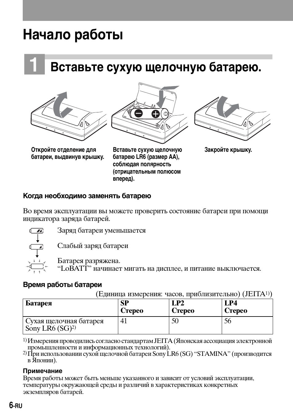 Начало ²аботы, Начало работы, Вставьте сухую щелочную батарею | Sony Walkman MZ-E310 User Manual | Page 300 / 364