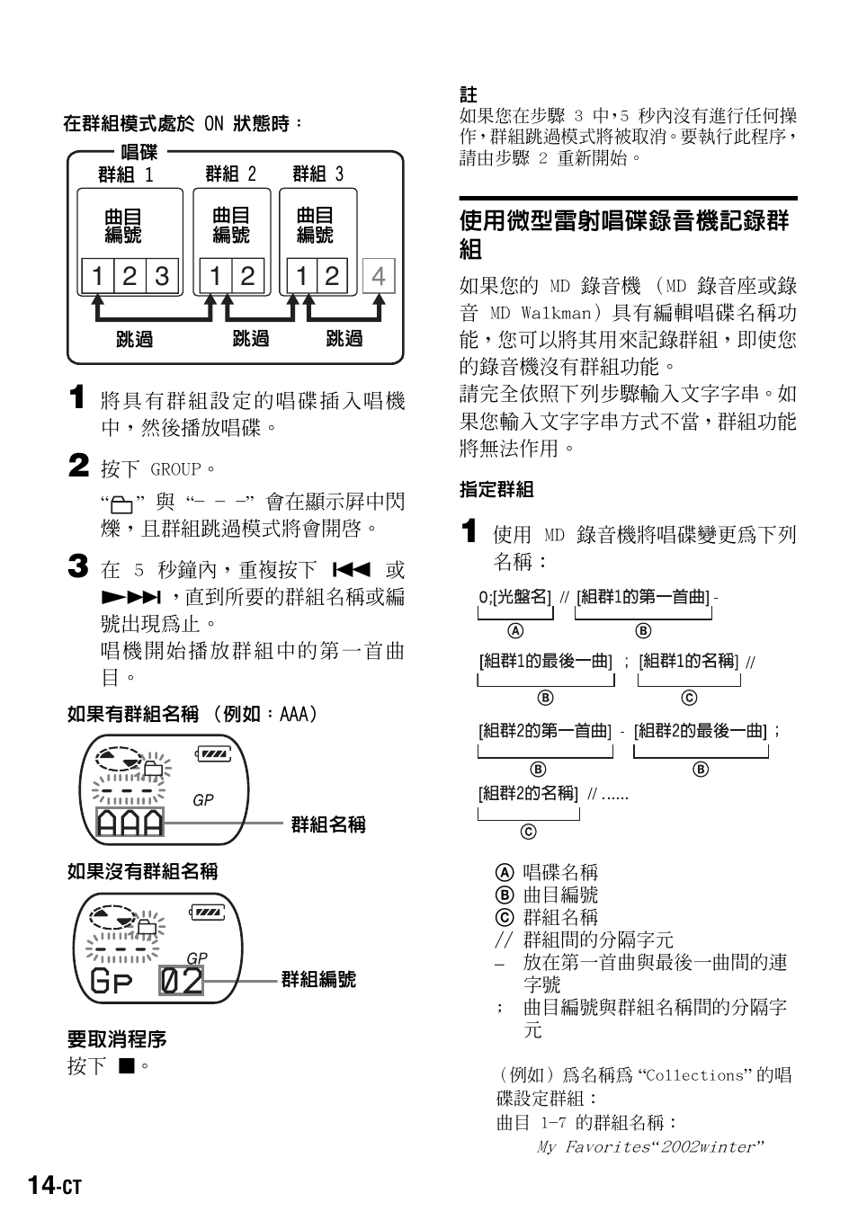 使用微型雷射唱碟錄音機記錄群組, 使用微型雷射唱碟錄音機記錄群 組 | Sony Walkman MZ-E310 User Manual | Page 332 / 364