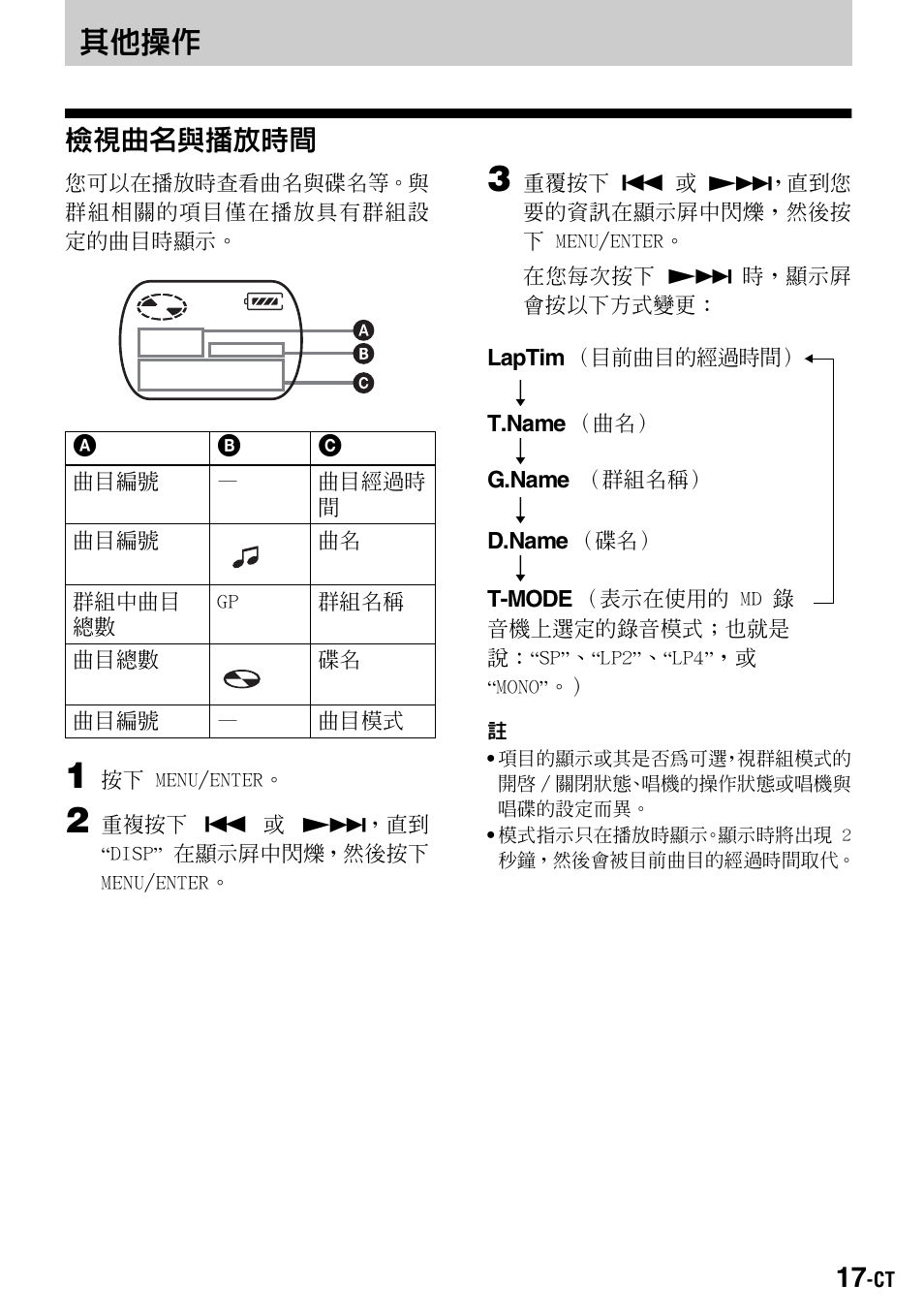 其他操作, 檢視曲名與播放時間 | Sony Walkman MZ-E310 User Manual | Page 335 / 364