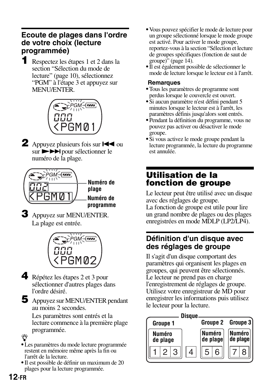 Utilisation de la fonction de groupe, Définition d'un disque avec des réglages de groupe, Using the group function | What is a disc with group settings, S 2 and 3 t, Ecoute de plages dans l'ordre de votre choix, Lecture programmée) | Sony Walkman MZ-E310 User Manual | Page 34 / 364
