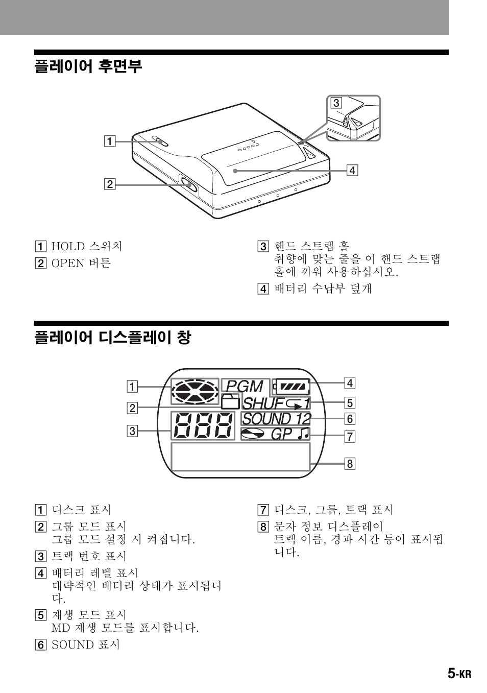 플레이어 후면부, 플레이어 디스플레이 창 | Sony Walkman MZ-E310 User Manual | Page 345 / 364