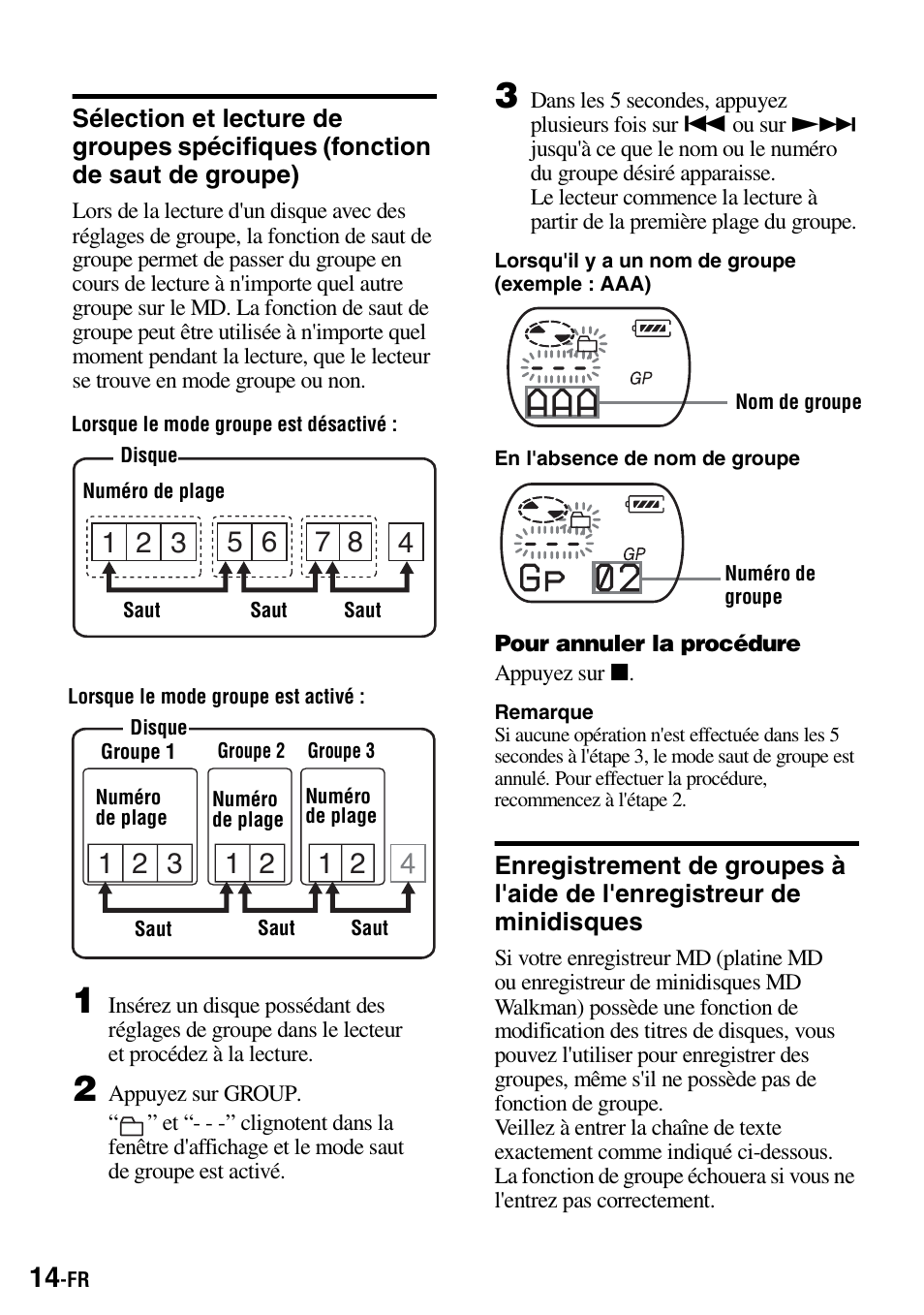 Sélection et lecture de groupes spécifiques, Fonction de saut de groupe), Minidisques | Sony Walkman MZ-E310 User Manual | Page 36 / 364
