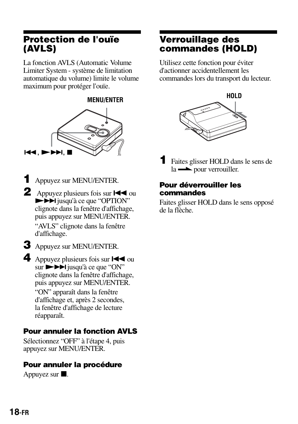 Protection de l'ouïe (avls), Verrouillage des commandes (hold) | Sony Walkman MZ-E310 User Manual | Page 40 / 364