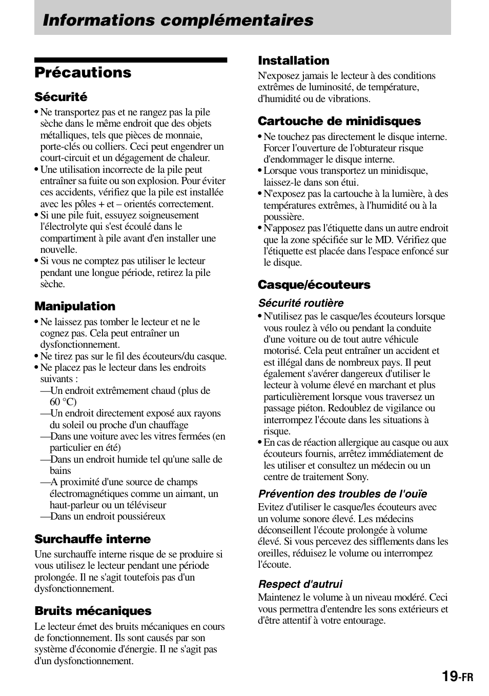 Informations complémentaires, Précautions, Additional information | Precautions | Sony Walkman MZ-E310 User Manual | Page 41 / 364