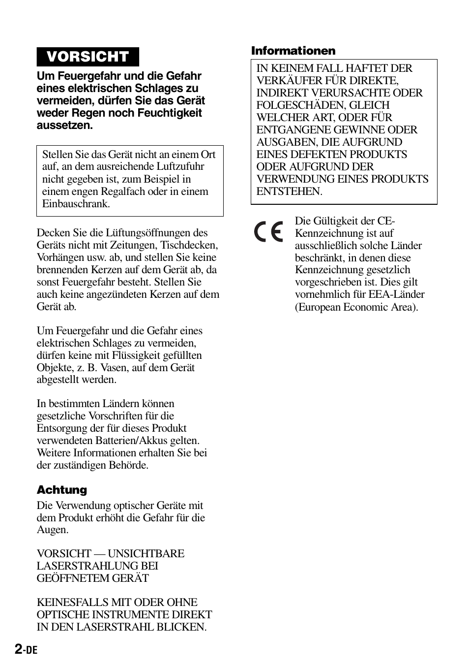 Vorsicht | Sony Walkman MZ-E310 User Manual | Page 46 / 364