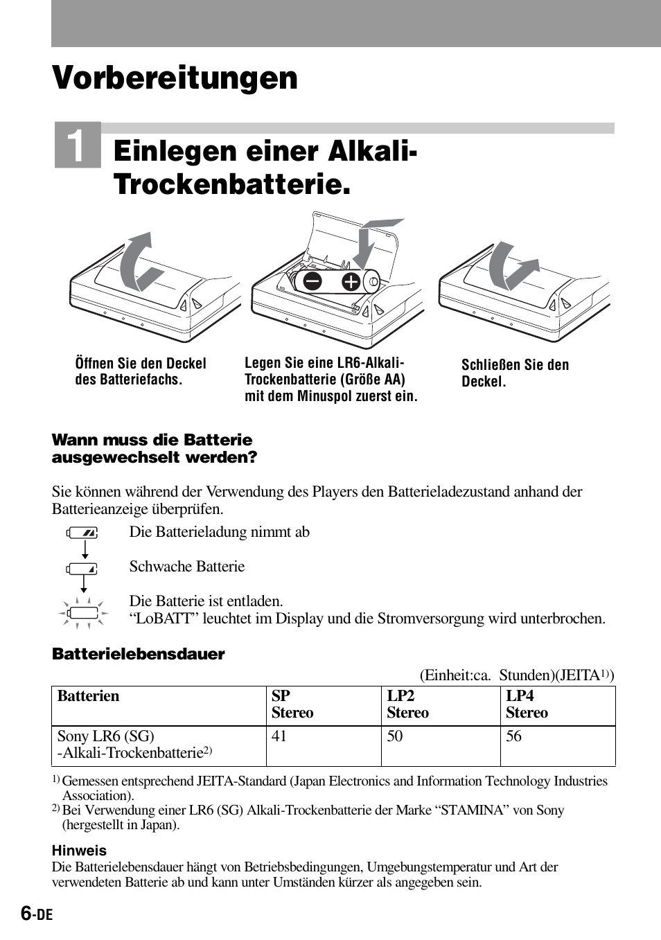 Vorbereitungen, Einlegen einer alkali- trockenbatterie | Sony Walkman MZ-E310 User Manual | Page 50 / 364