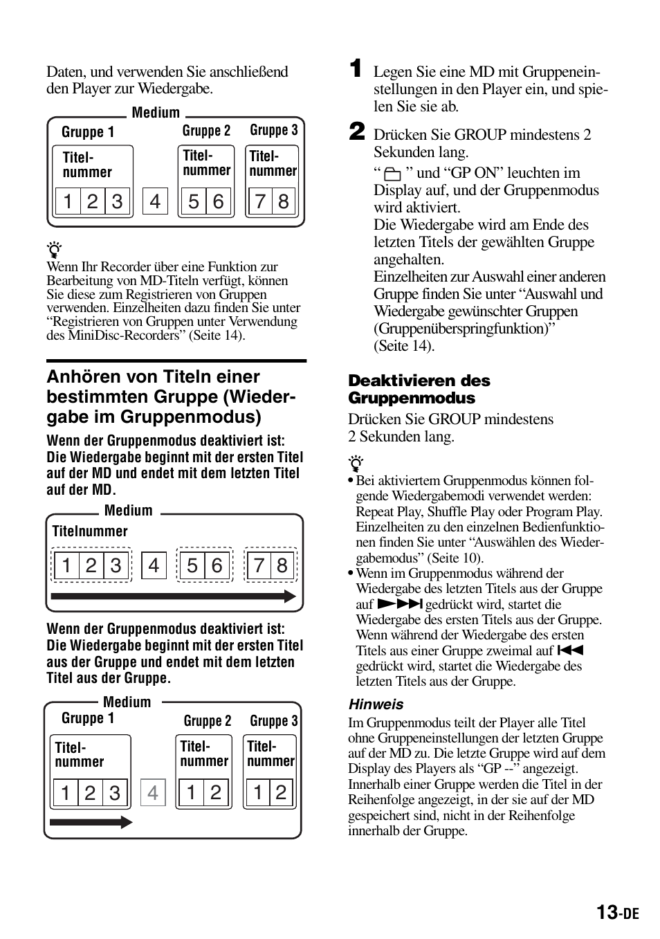 Anhören von titeln einer bestimmten gruppe, Wiedergabe im gruppenmodus) | Sony Walkman MZ-E310 User Manual | Page 57 / 364