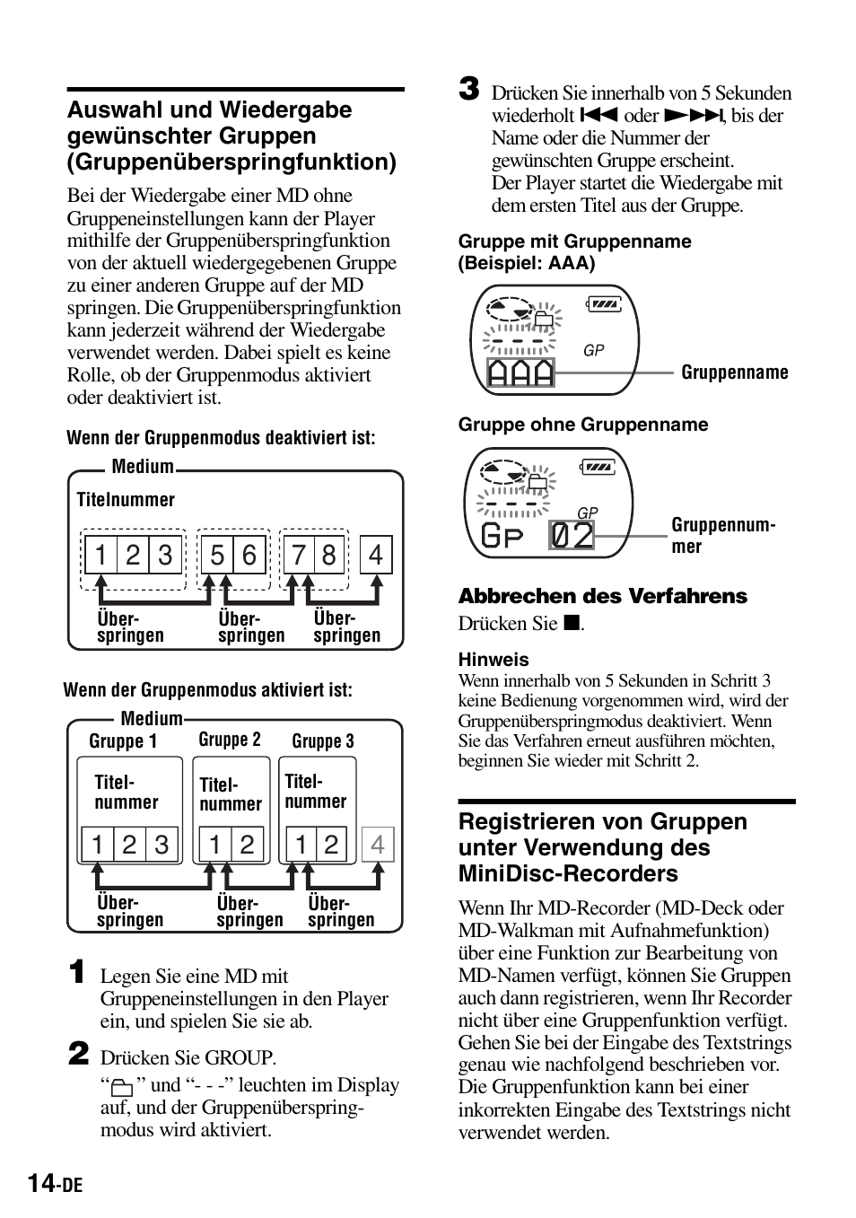Auswahl und wiedergabe gewünschter gruppen, Gruppenüberspringfunktion), Registrieren von gruppen unter verwendung des | Minidisc-recorders | Sony Walkman MZ-E310 User Manual | Page 58 / 364