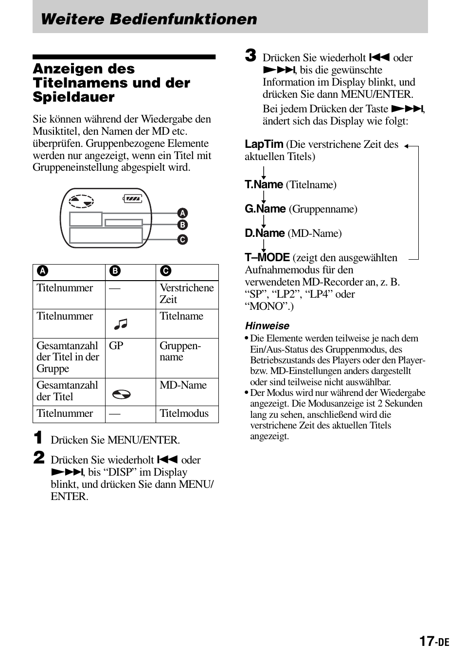Weitere bedienfunktionen, Anzeigen des titelnamens und der spieldauer | Sony Walkman MZ-E310 User Manual | Page 61 / 364