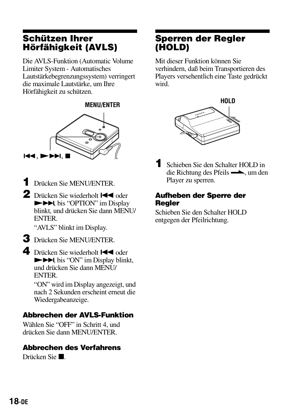 Schützen ihrer hörfähigkeit (avls), Sperren der regler (hold) | Sony Walkman MZ-E310 User Manual | Page 62 / 364