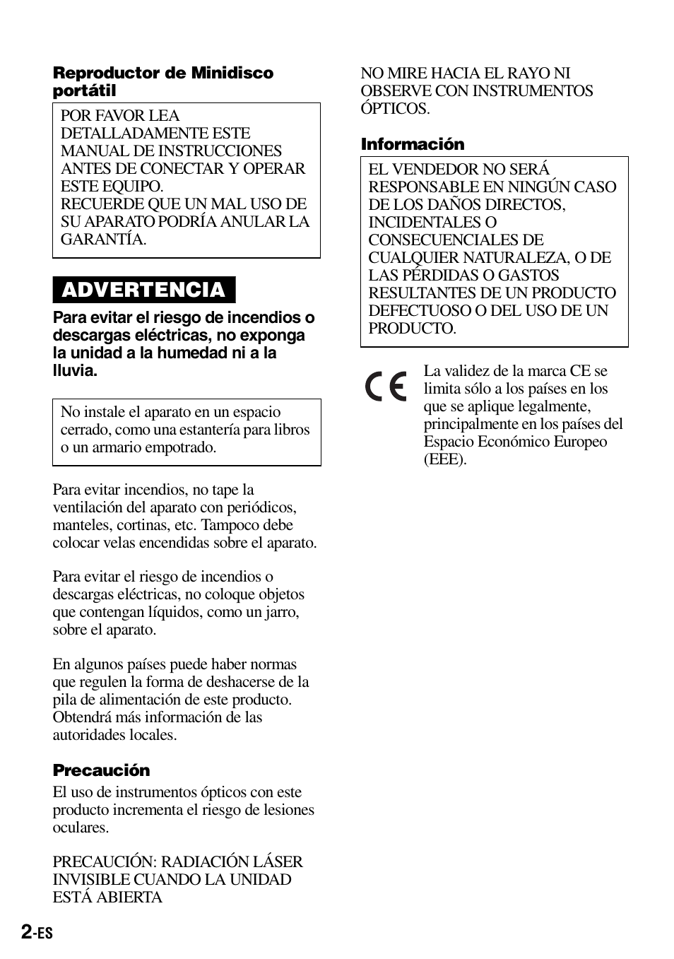 Advertencia | Sony Walkman MZ-E310 User Manual | Page 68 / 364