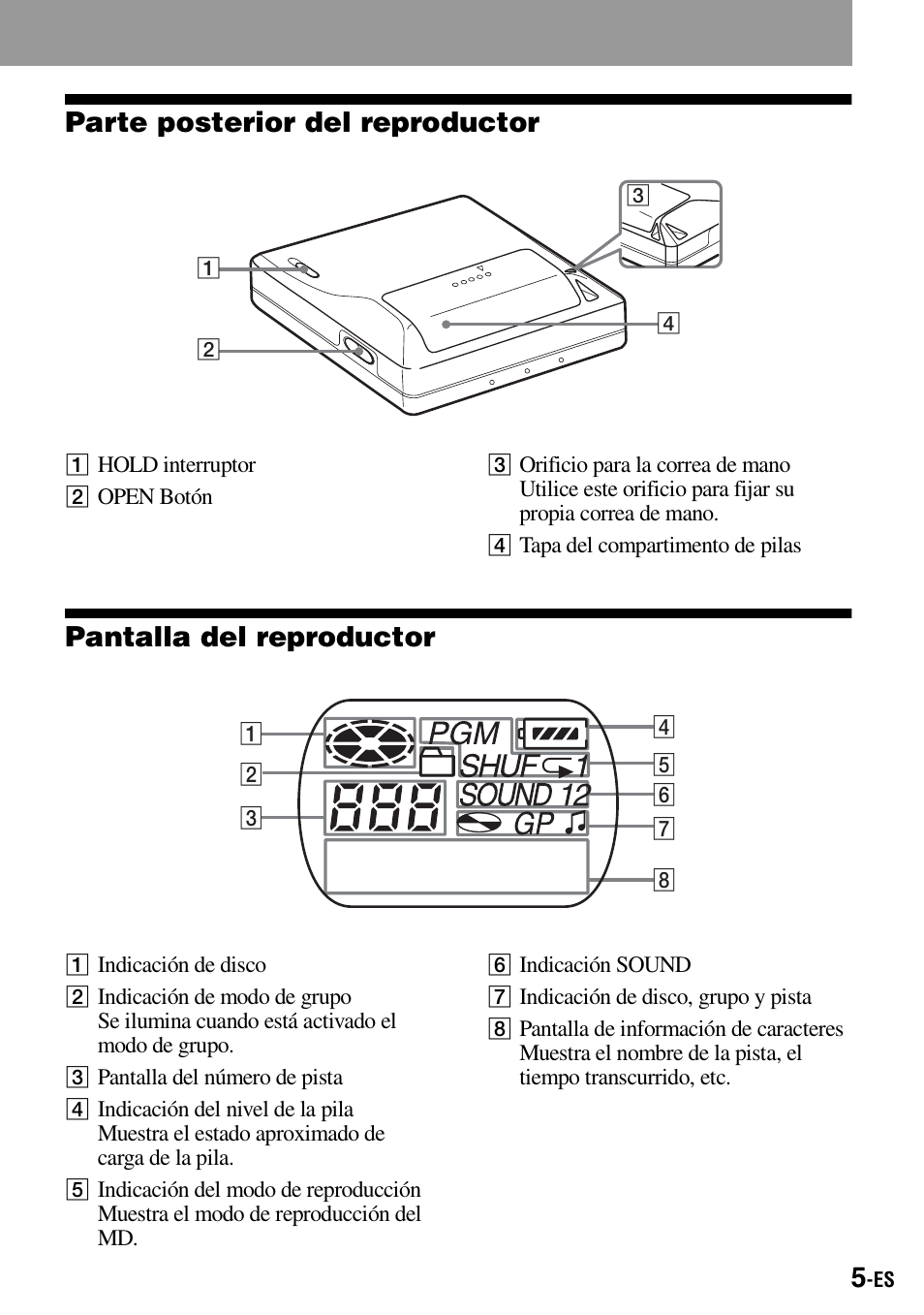 Parte posterior del reproductor, Pantalla del reproductor | Sony Walkman MZ-E310 User Manual | Page 71 / 364