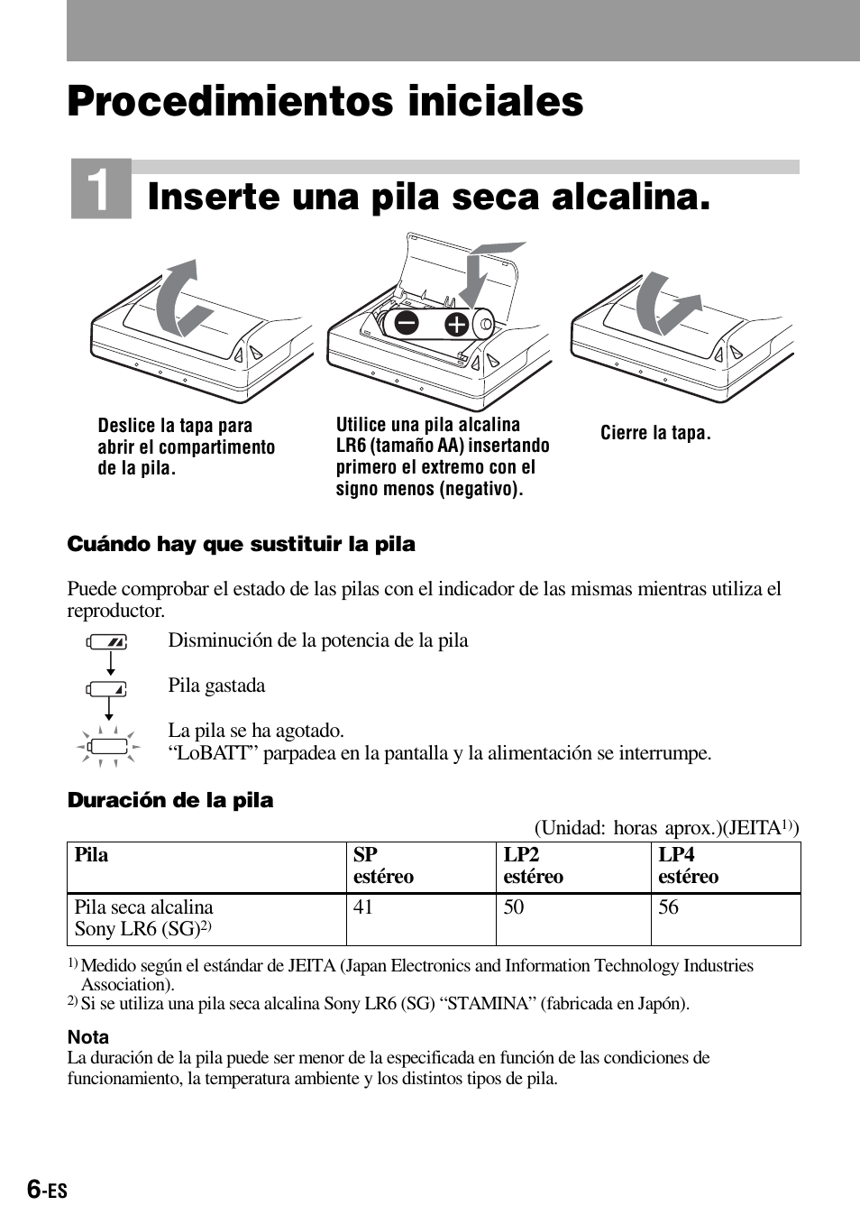 Procedimientos iniciales, Inserte una pila seca alcalina | Sony Walkman MZ-E310 User Manual | Page 72 / 364
