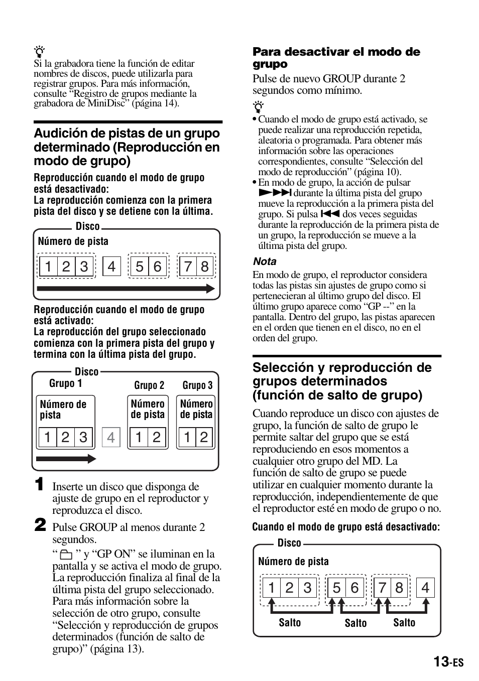 Audición de pistas de un grupo determinado, Reproducción en modo de grupo), Selección y reproducción de grupos determinados | Función de salto de grupo) | Sony Walkman MZ-E310 User Manual | Page 79 / 364