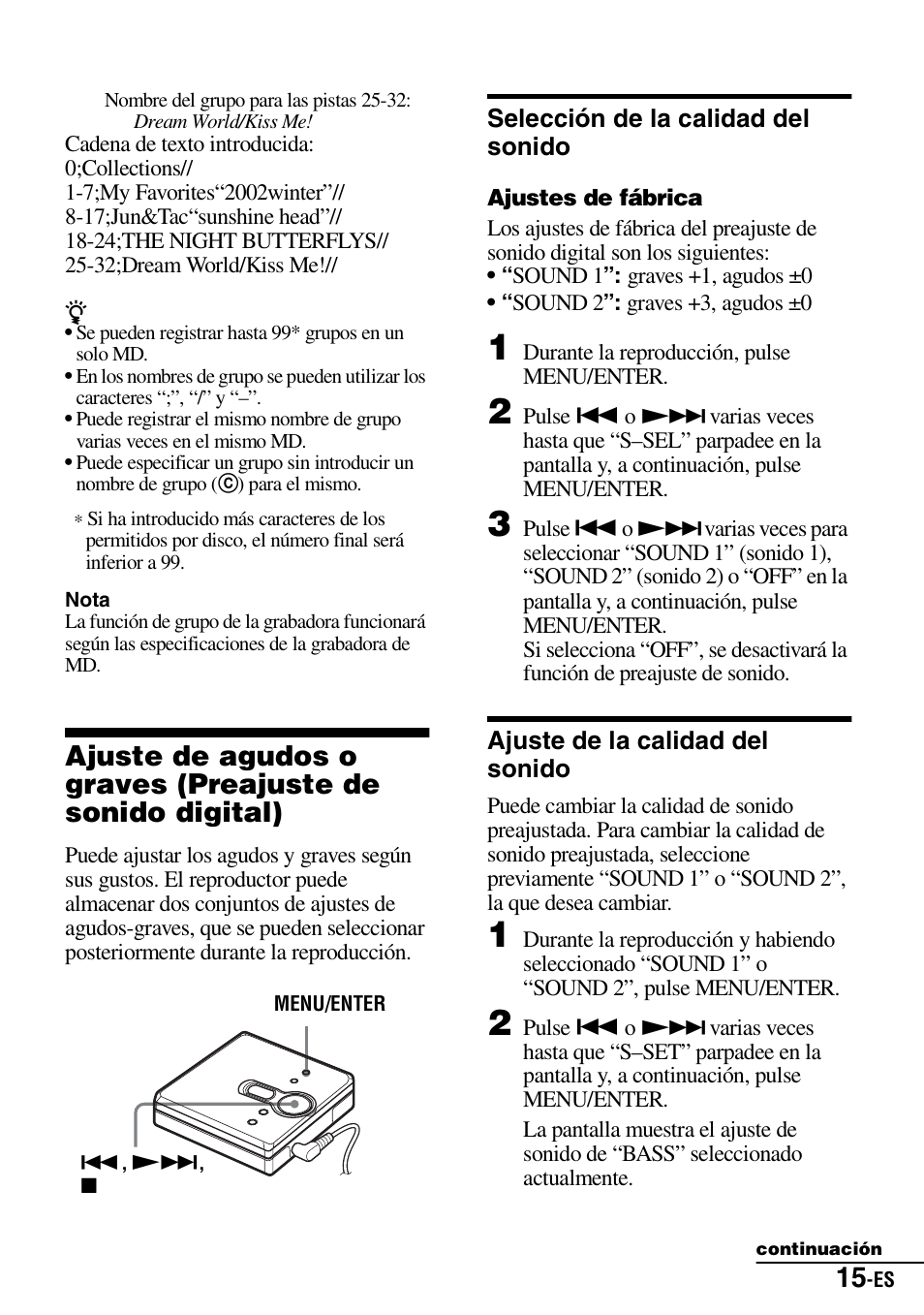 Selección de la calidad del sonido, Ajuste de la calidad del sonido | Sony Walkman MZ-E310 User Manual | Page 81 / 364