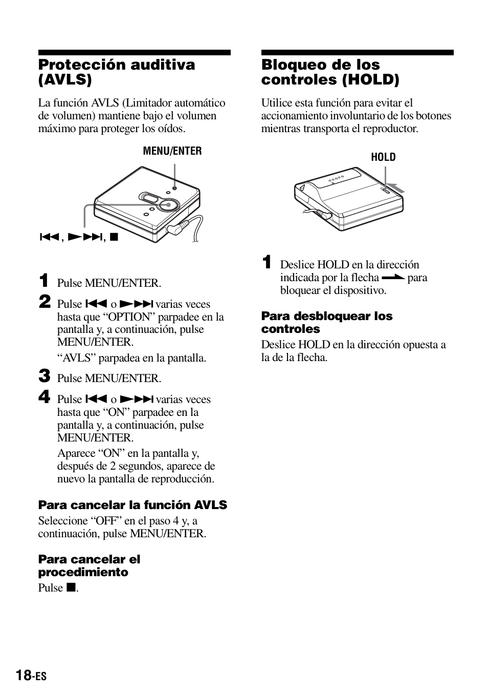 Protección auditiva (avls), Bloqueo de los controles (hold) | Sony Walkman MZ-E310 User Manual | Page 84 / 364