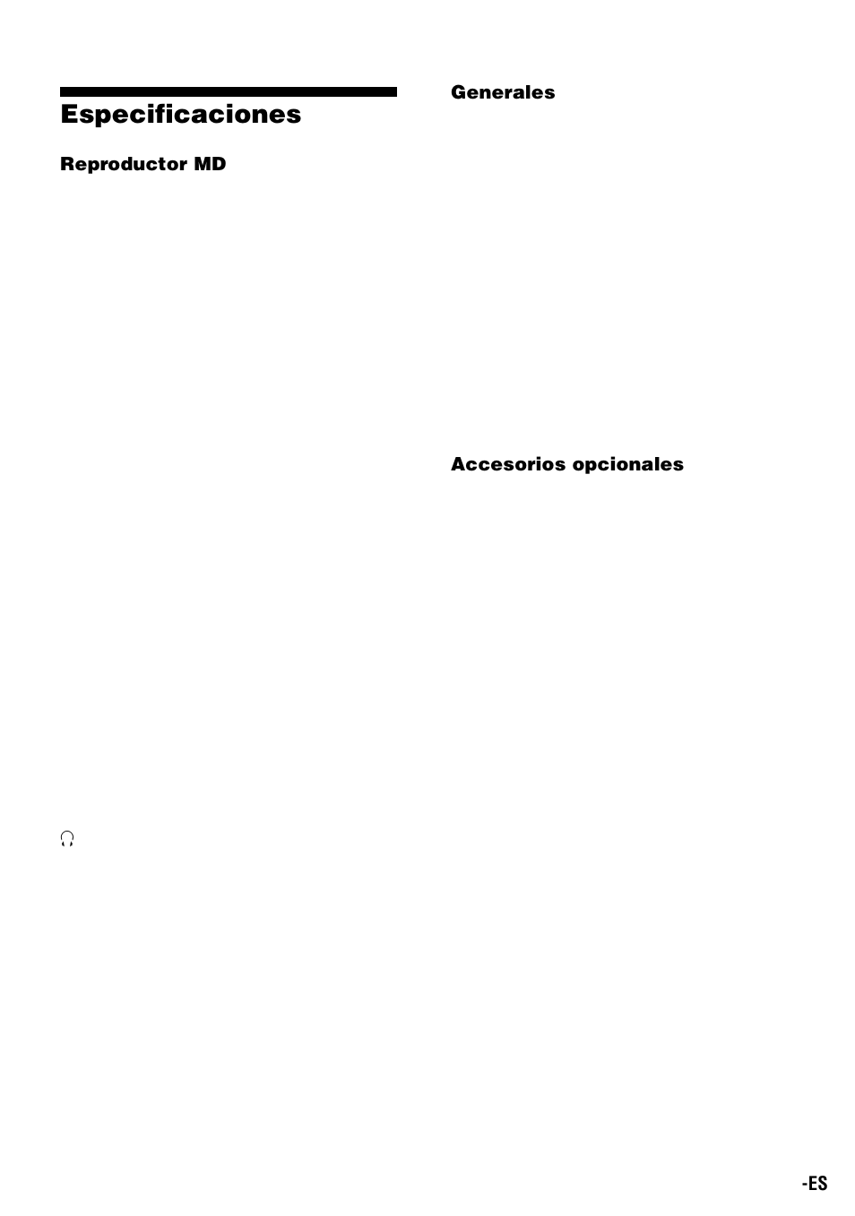 Especificaciones | Sony Walkman MZ-E310 User Manual | Page 89 / 364