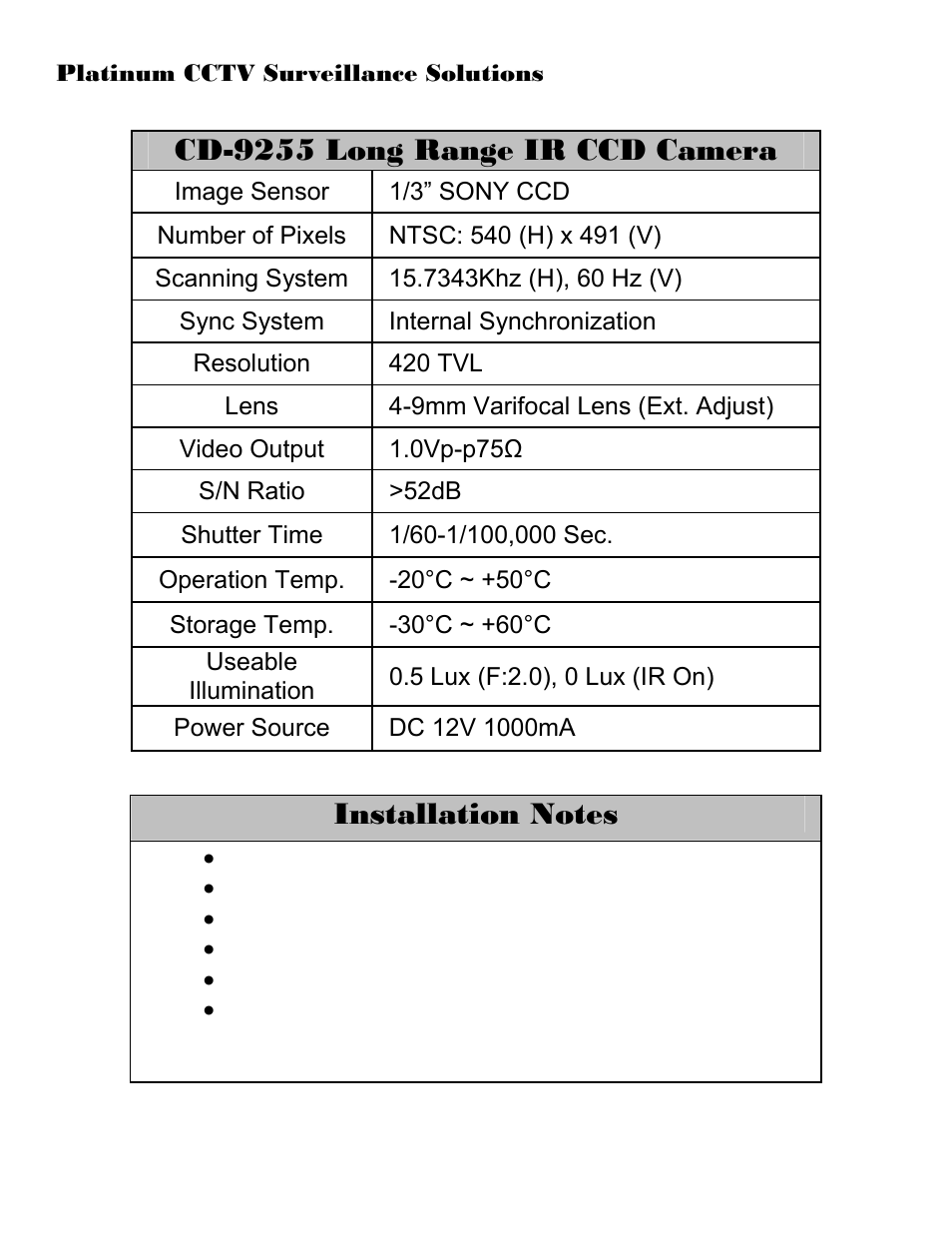 Cd-9255 long range ir ccd camera | Sony CD-9255 User Manual | Page 8 / 8