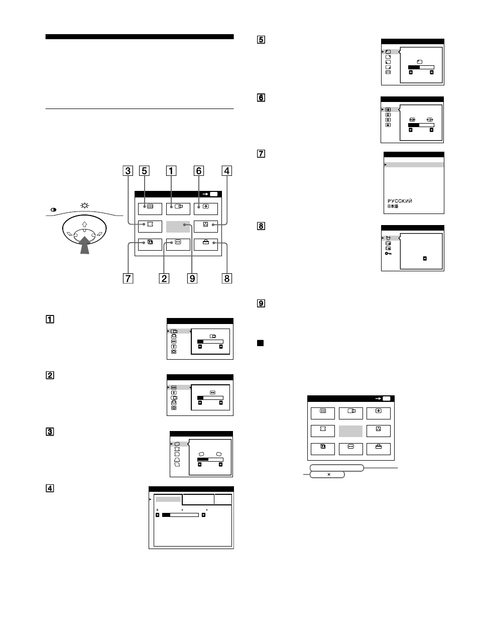 Personnalisation de votre moniteur, Pilotage par menus, Navegación por el menú | Xaffichage du signal d’entrée en cours | Sony CPD-E500 User Manual | Page 24 / 52