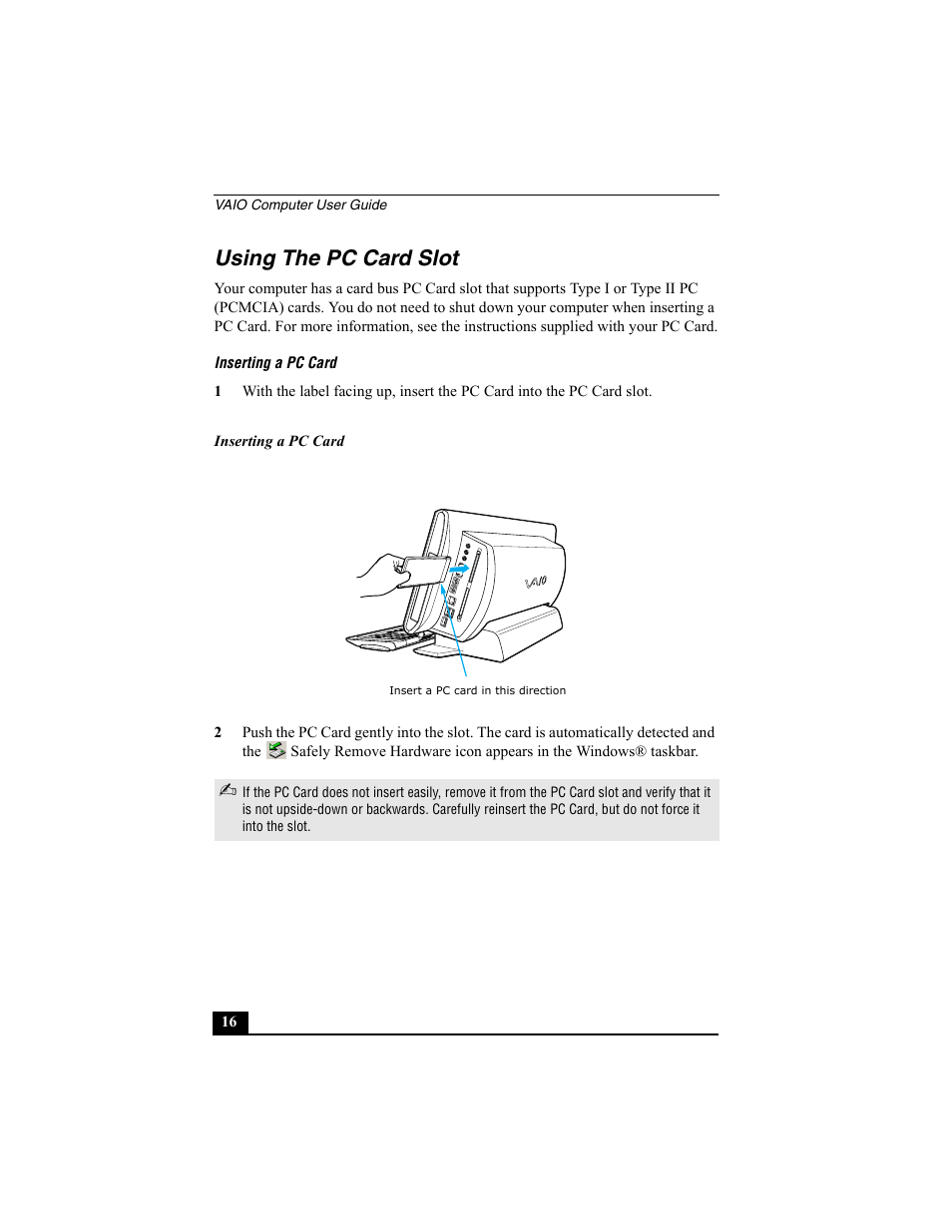 Using the pc card slot | Sony PCV-W10 User Manual | Page 16 / 76