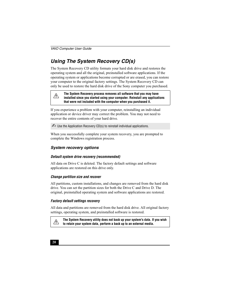 Using the system recovery cd(s) | Sony PCV-W10 User Manual | Page 20 / 76